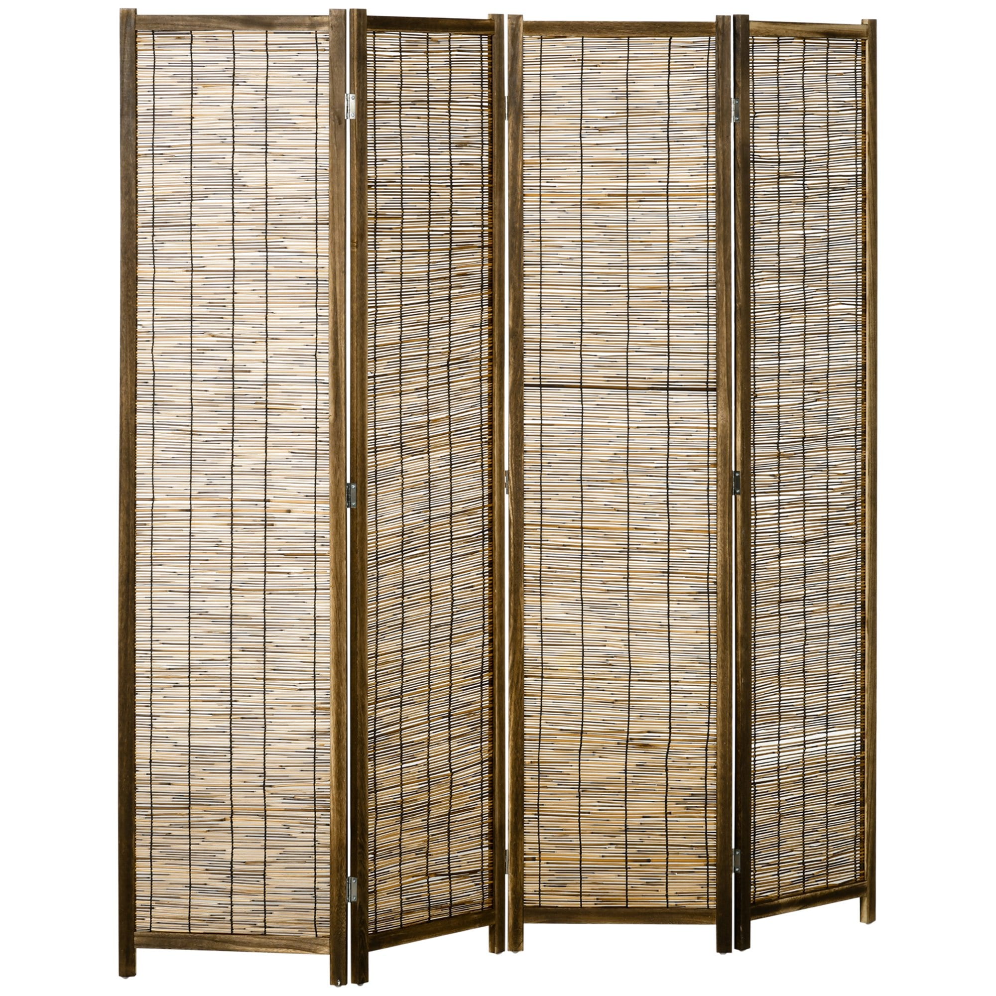 HomCom 830-717V80ND 5.5 Tall Room Divider with Wood  Hand Woven Reed  4 Panel Folding Privacy Screens  Portable Partition Wall Divider