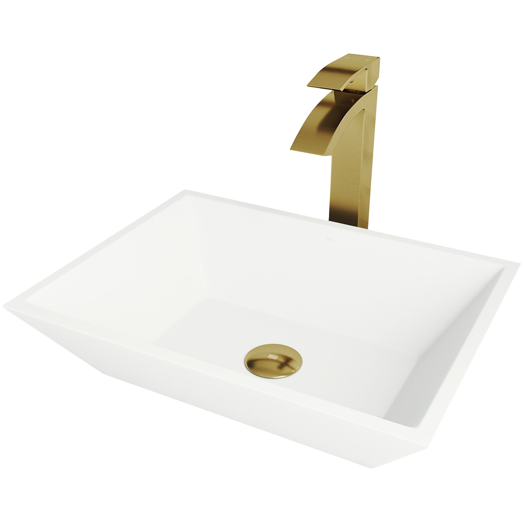 VIGO VGT1461 Vinca Matte White Matte Stone Vessel Rectangular Modern Bathroom Sink with Faucet and Drain Included (18-in x 14-in)