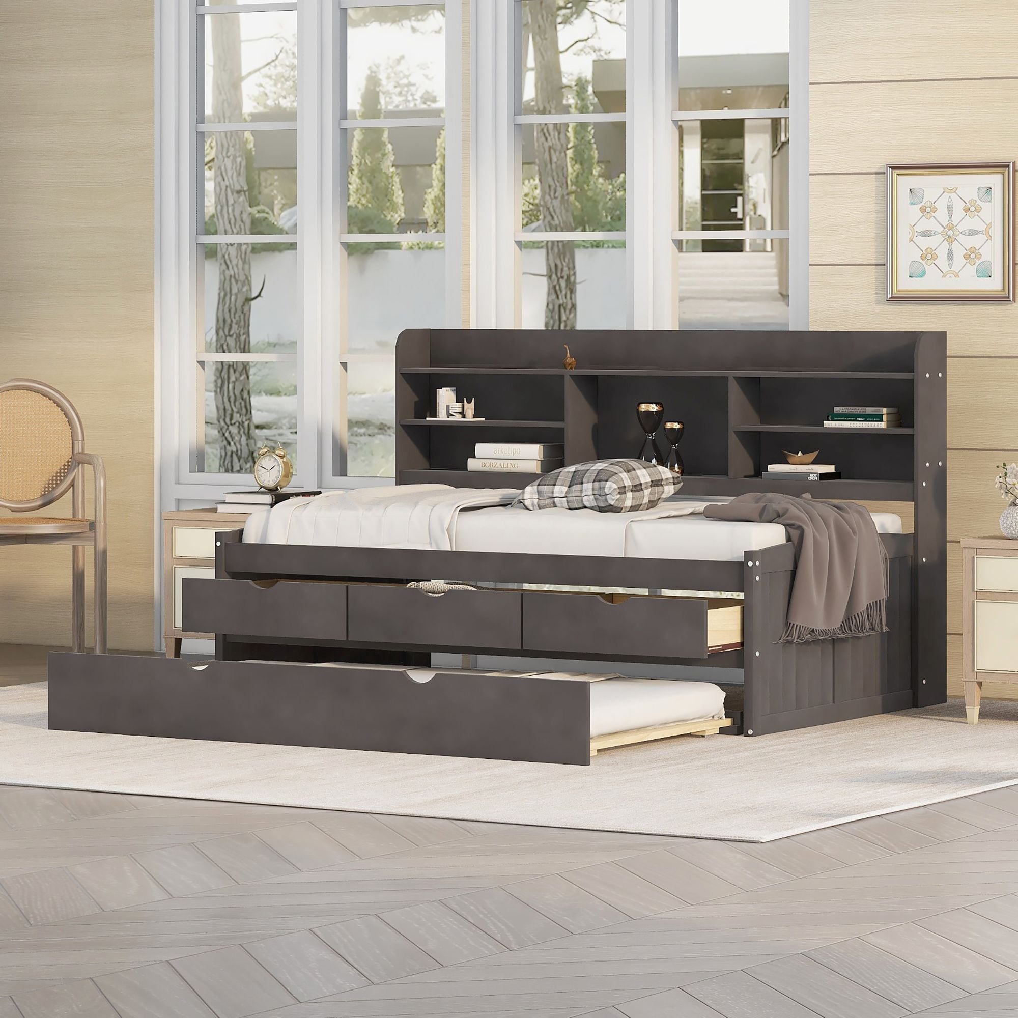 Yiekholo LL-1778AAA Antique Gray Twin Wood Bed frame Bed with Storage