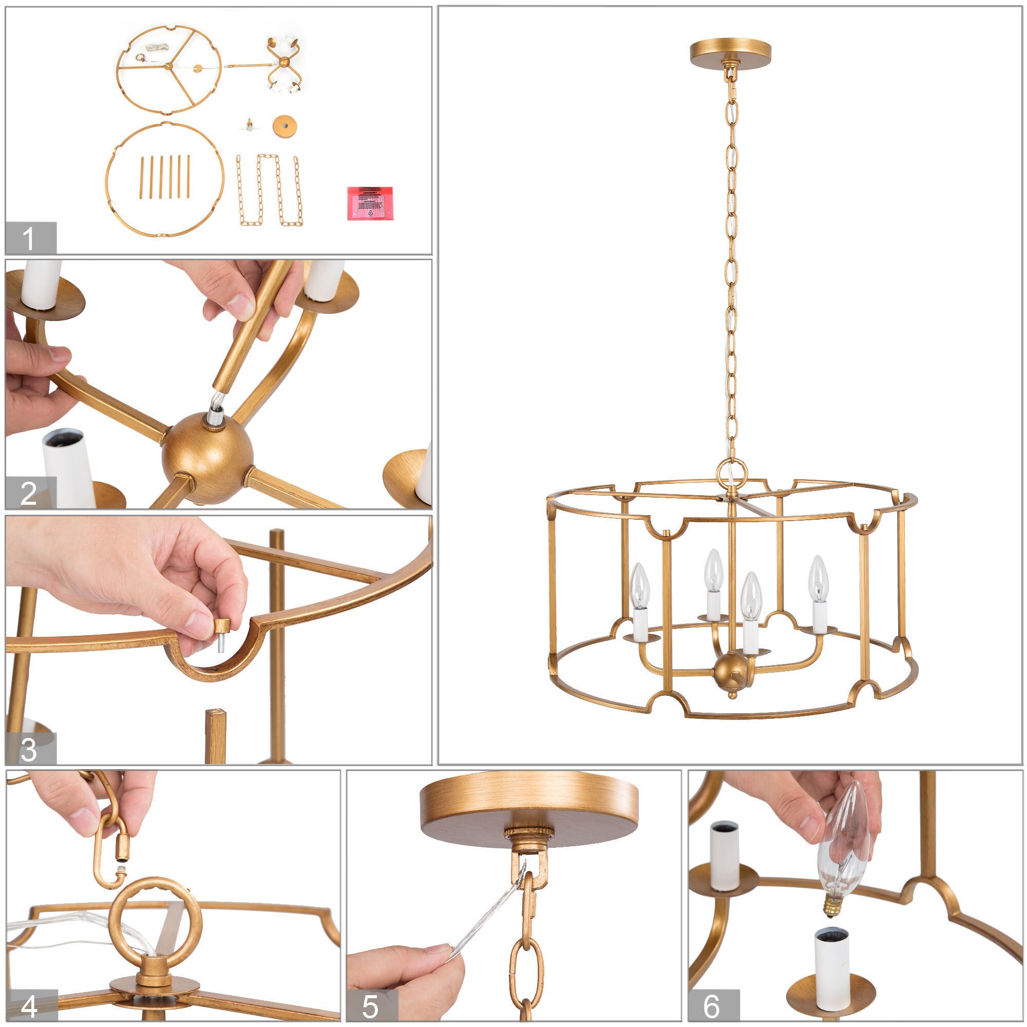 Uolfin 4-Light Brass Gold Geometric Drum with Candle Style Modern ...