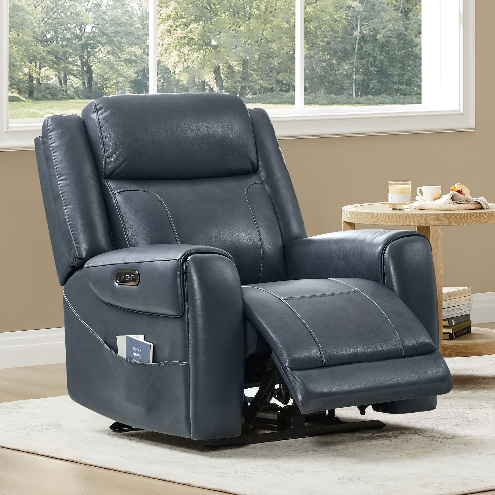 Circle 55 Navy Leather Upholstered Powered Reclining Stationary Infinite-position
