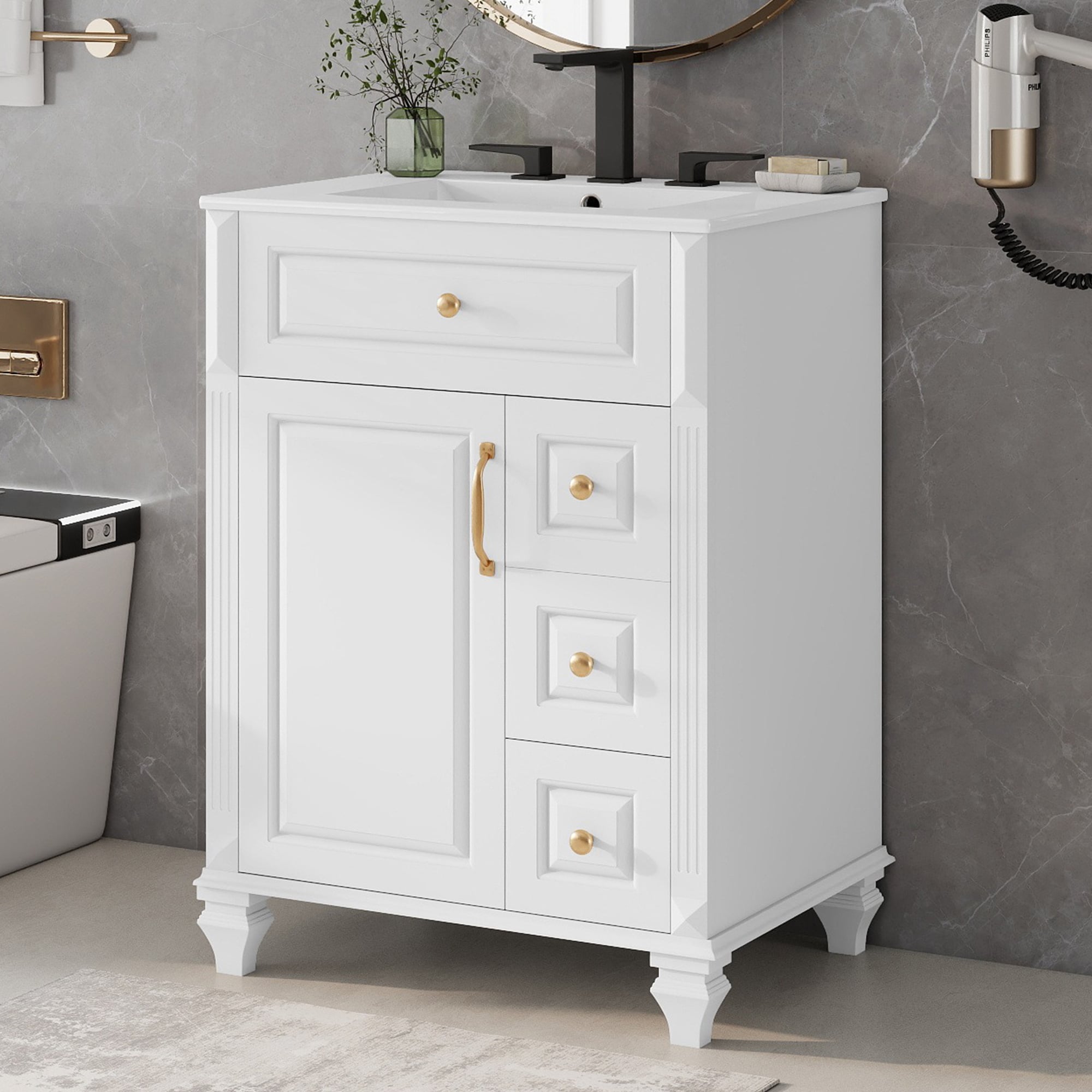 GDFStudio Oxford 24 in Modern Wood Freestanding Bathroom Vanity with Ceramic Sink and Flip-Out Drawer - White