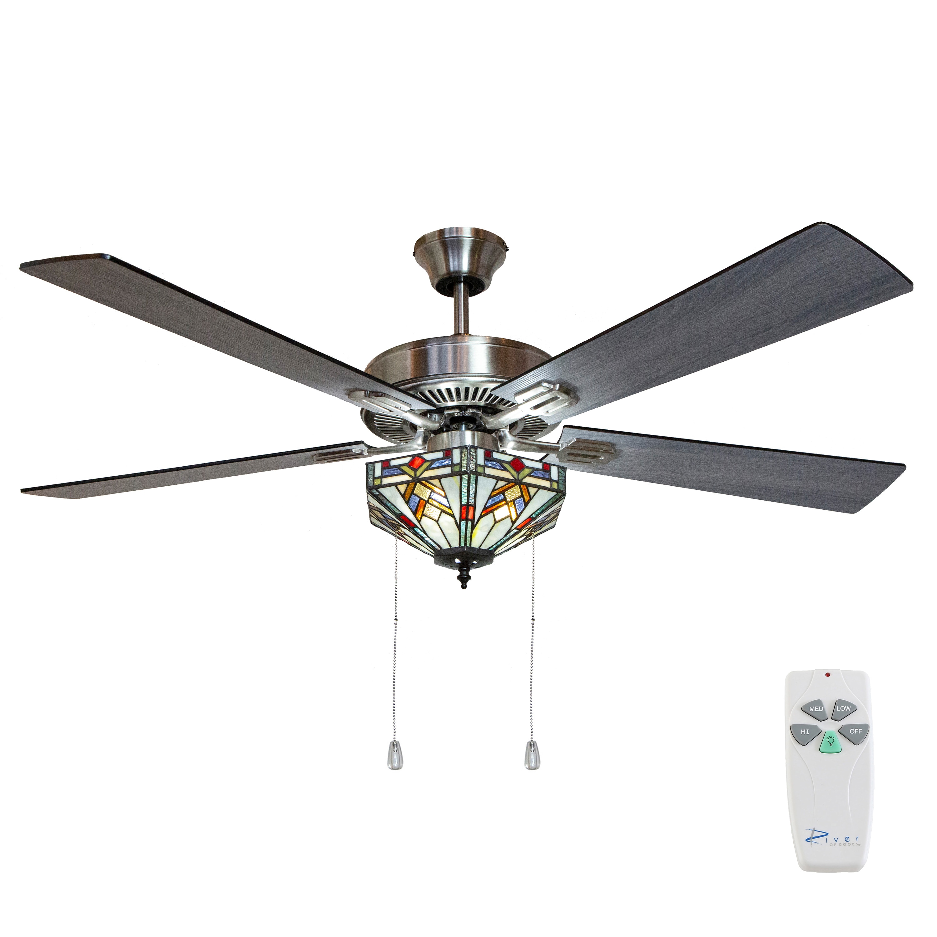 River of Goods 20077 52-in Downrod or Flush Mount Satin Nickle with Soft Grey and Grey/Black Blades Ceiling Fan With Light - Remote Included ( 5 -Blade )