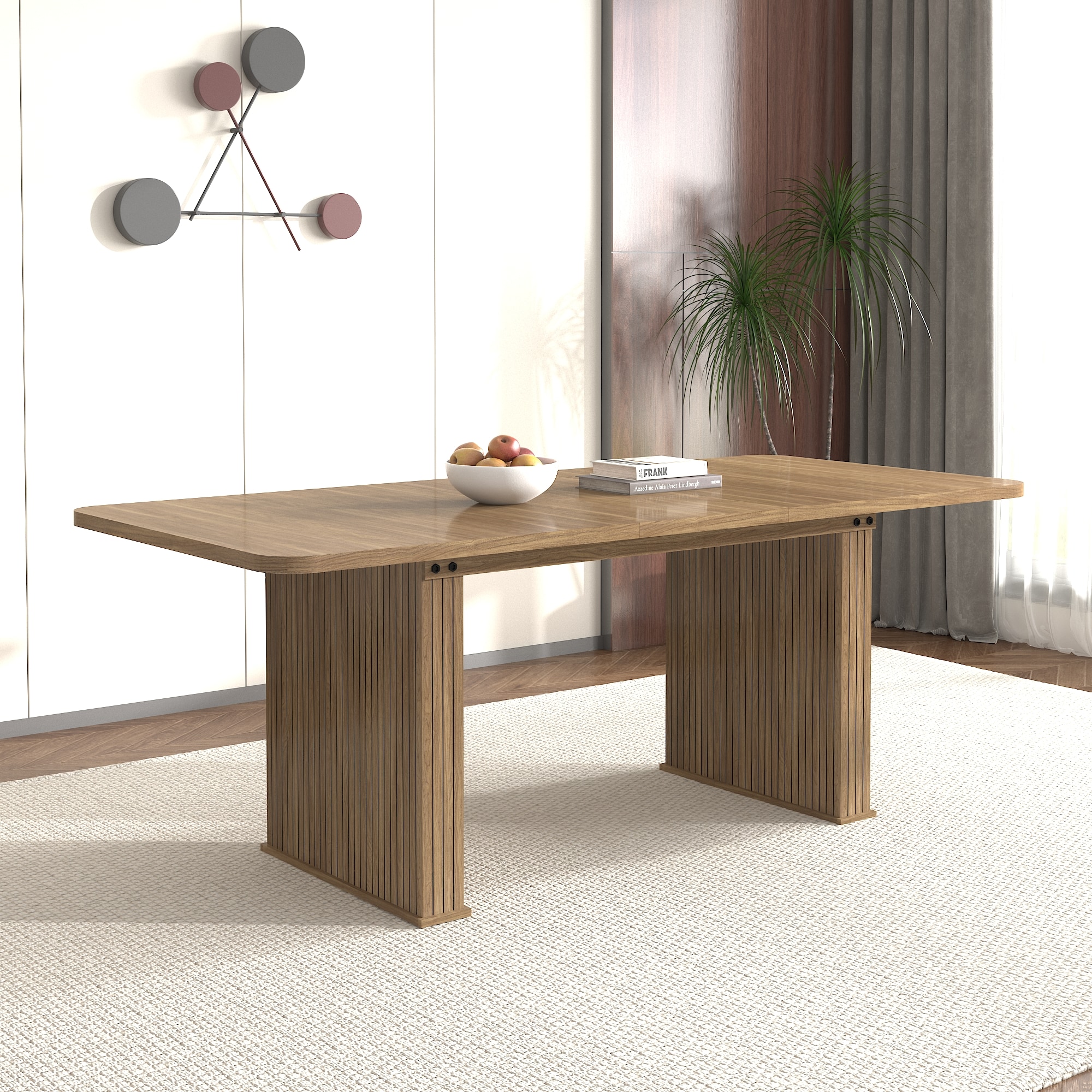 LOVMOR SF-Y-W1347S00012 Modern Dining Table for 6-10 People Wood Kitchen Table with Double Robust Pedestal Wooden Dinner Table for Dining Room