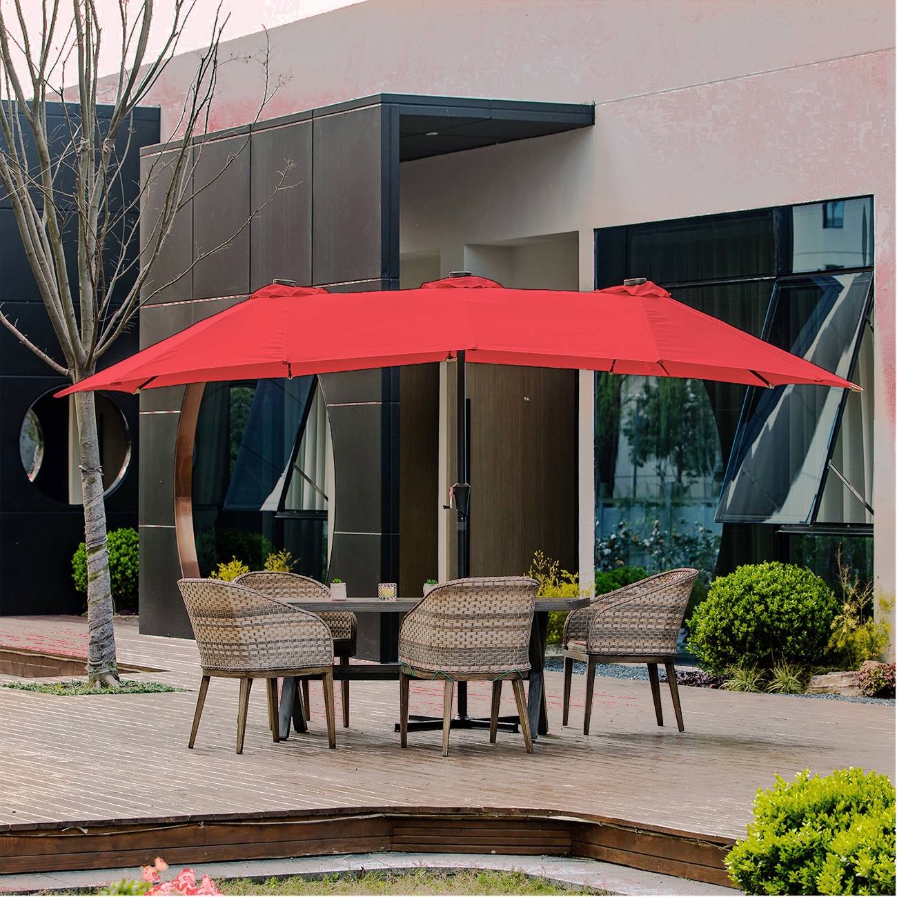 Ainfox 15-ft Steel Red Garden Patio Umbrella With Lights In The Patio ...