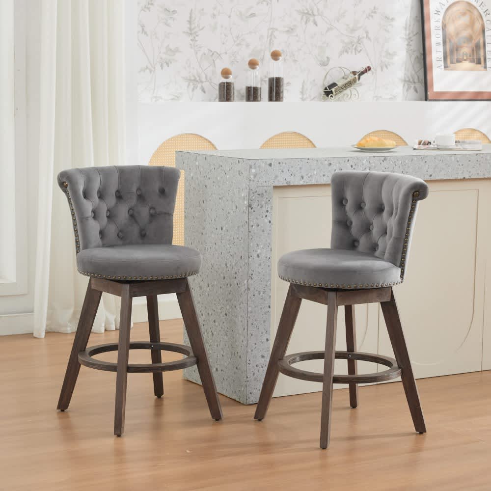 Coolbibila REMY-STOOLS-GRAY 26 Inch Gray Velvet Swivel Bar Stools with Wood Legs Set of 2 Upholstered Kitchen Counter Stools