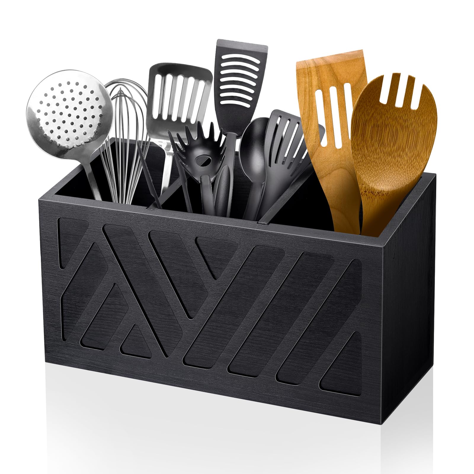Phewnyzo Wooden Utensil Holder Caddy with Three Compartments Large Kitchen Cutlery Storage Organizer Box for Fork Spoon Spatula #LPW0821W172