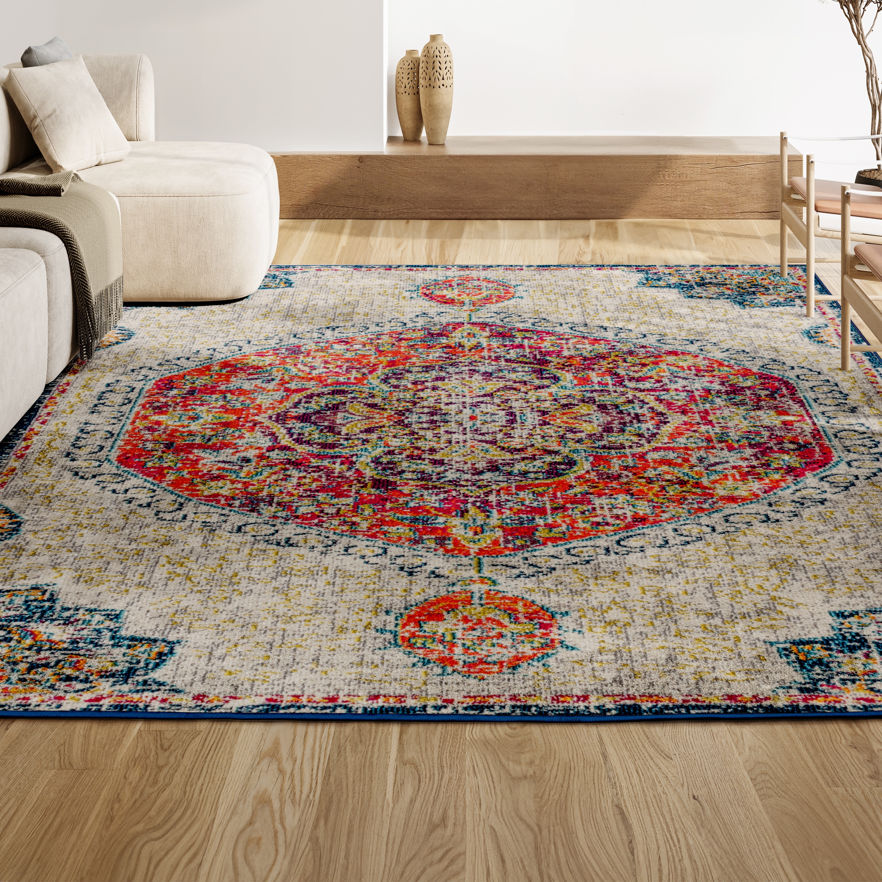 Cream and Orange Medallion Synthetic 4' x 6' Area Rug