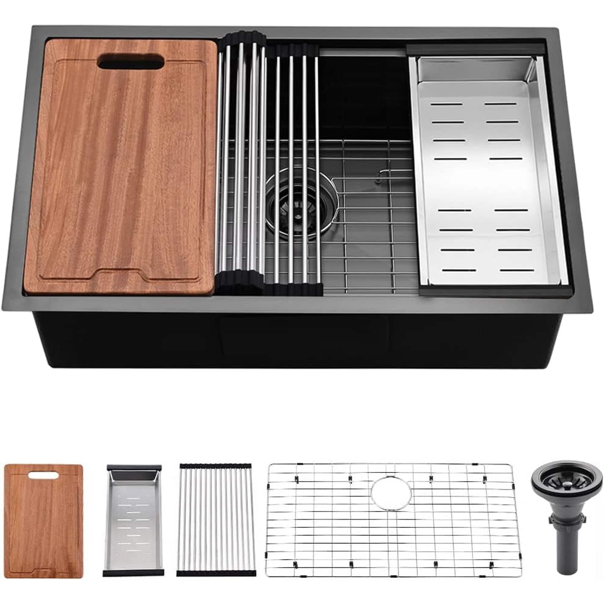 Numhew 33in W 19in D 10in H 1-Bowl Black Undermount Kitchen Sink Workstation