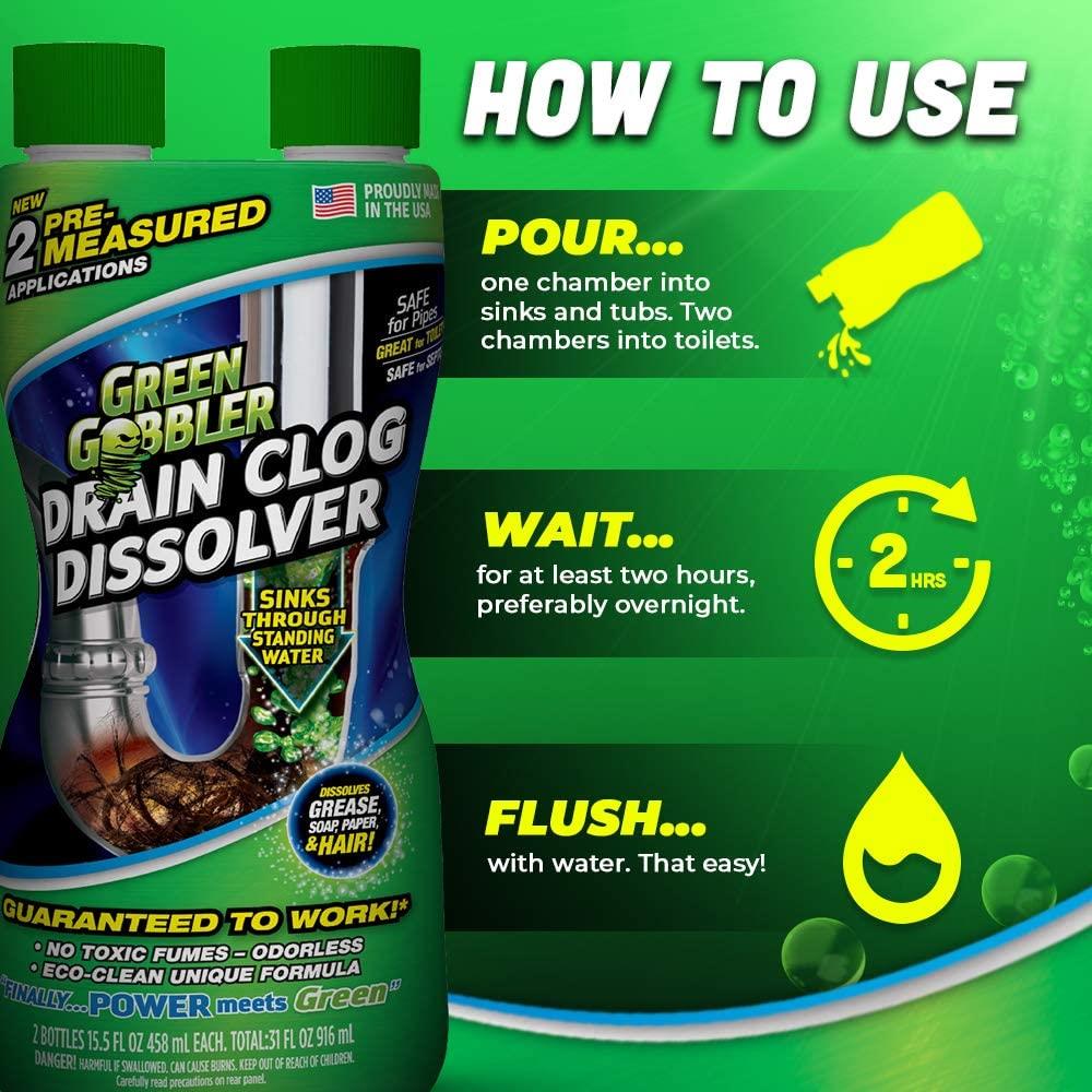 Green Gobbler Drain Clog Dissolver - Liquid Hair & Clog Remover - 31 oz - 2  Pack