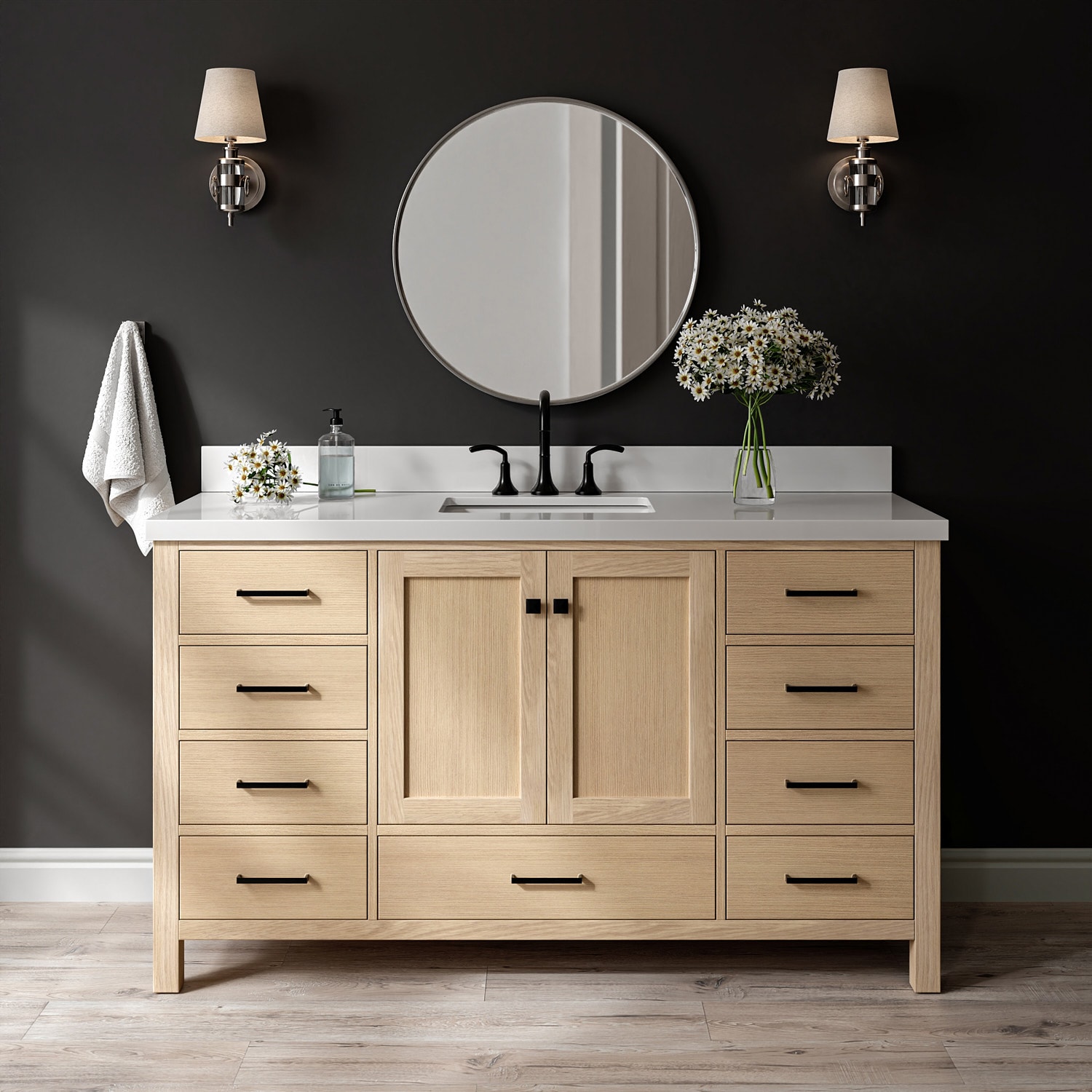 ARIEL Cambridge 60-in Oak Undermount Single Sink Bathroom Vanity with Pure White Quartz Quartz Top
