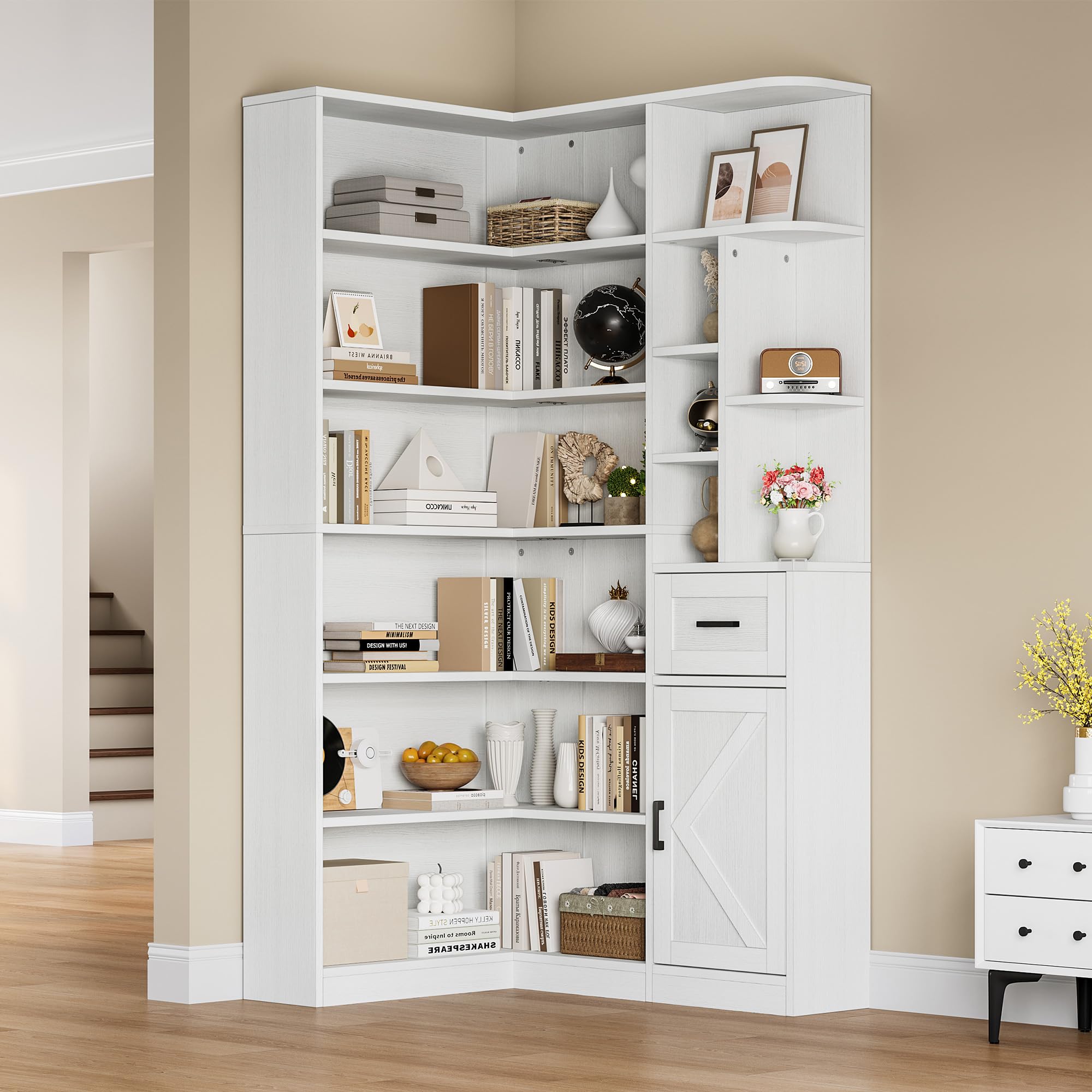 GarveeLife 74in Tall Corner Bookshelf 6-Tier Book Shelf with Drawer and ...