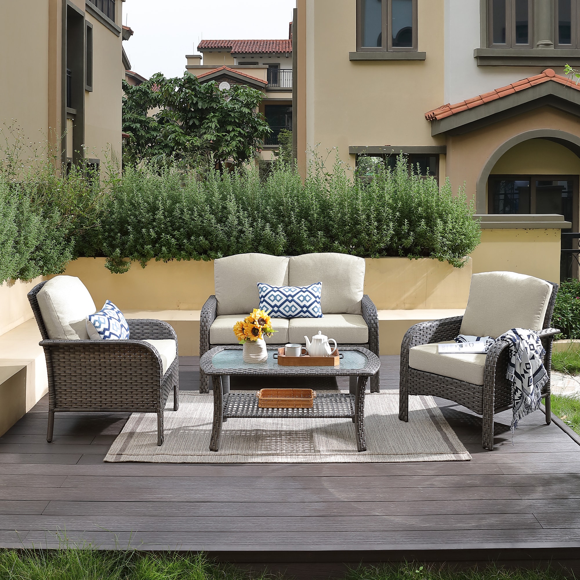 Ovios New Augtus 4-Piece Rattan Patio Conversation Set with Off-white ...