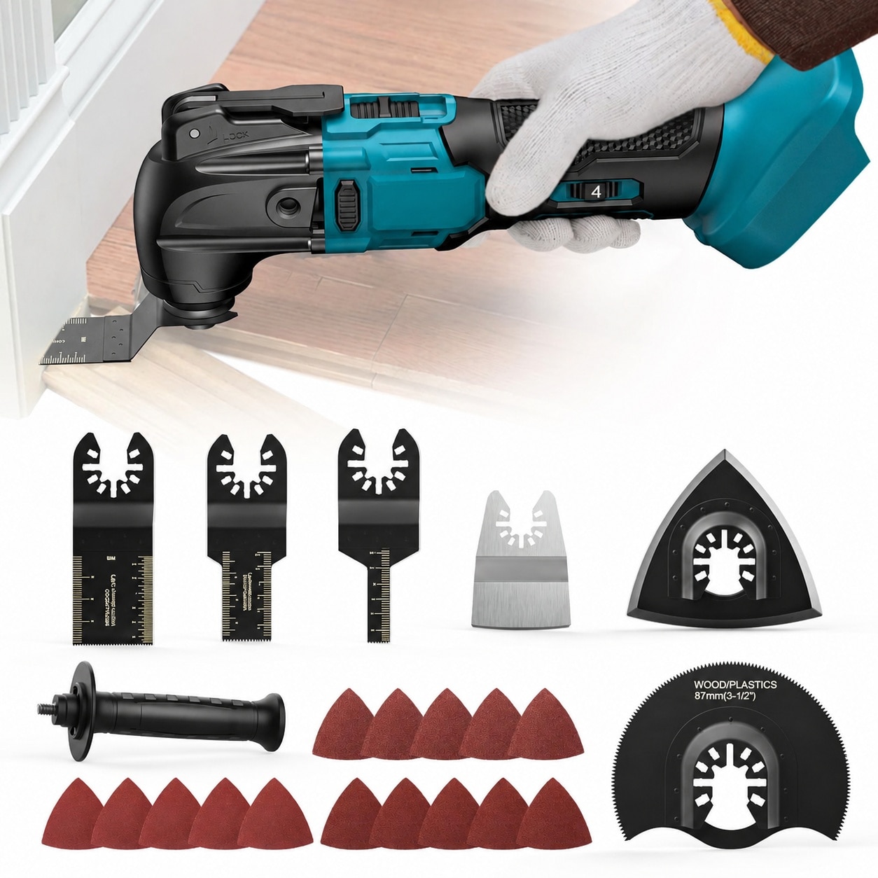 Linder Group Inc Cordless Oscillating Multi Tool Kit Brushless Motor Adjustable 6 Speed LED Work Light With Blades Scraper Sanding Pads For Cutting Wood Drywall