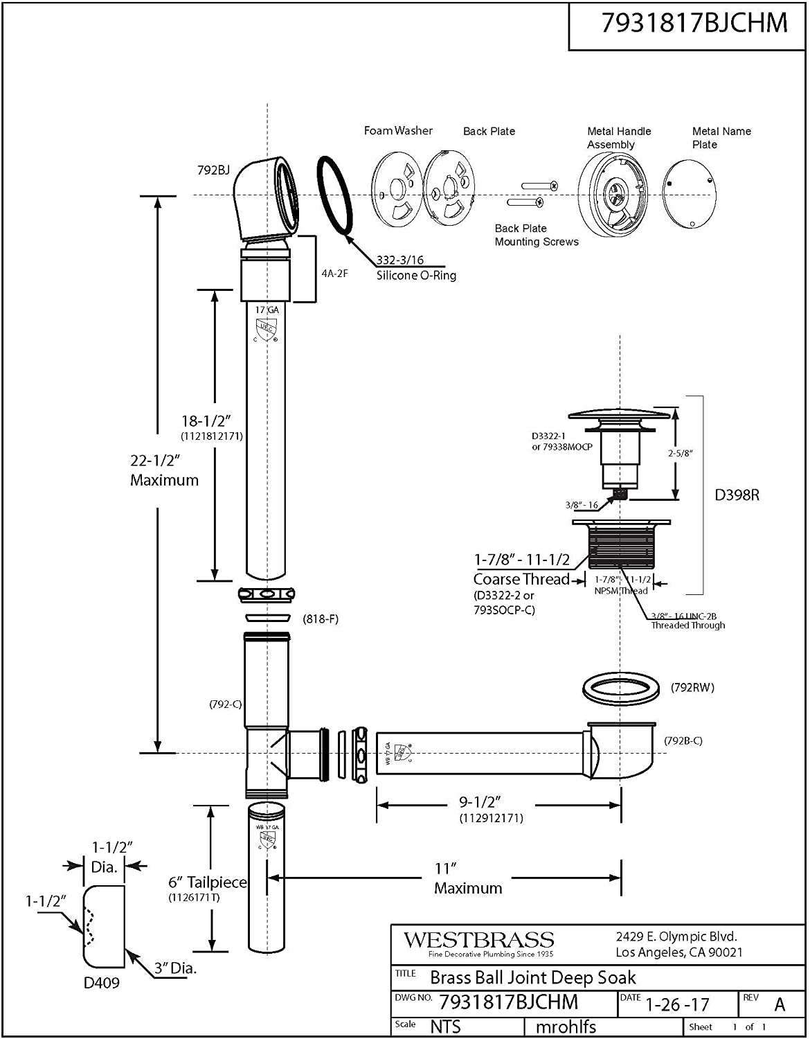 WESTBRASS 7931817BJCHM-07 Tub-Drain-Accessories - View #2