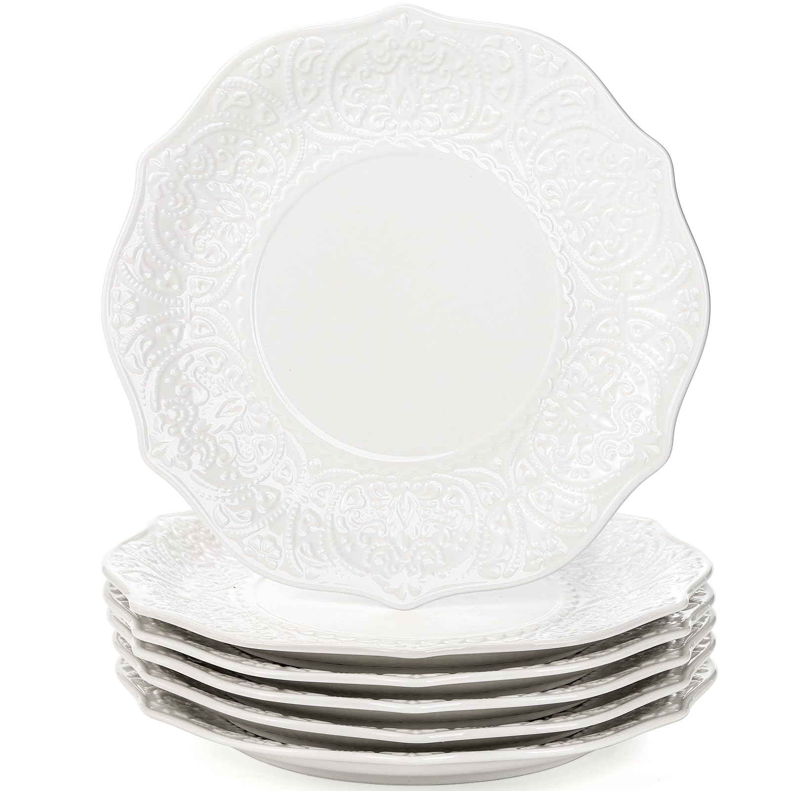Aoibox  Set of 6 Porcelain 8 Inch Salad Plates with Embossed Petal Design for Serving Desserts and Small Meals