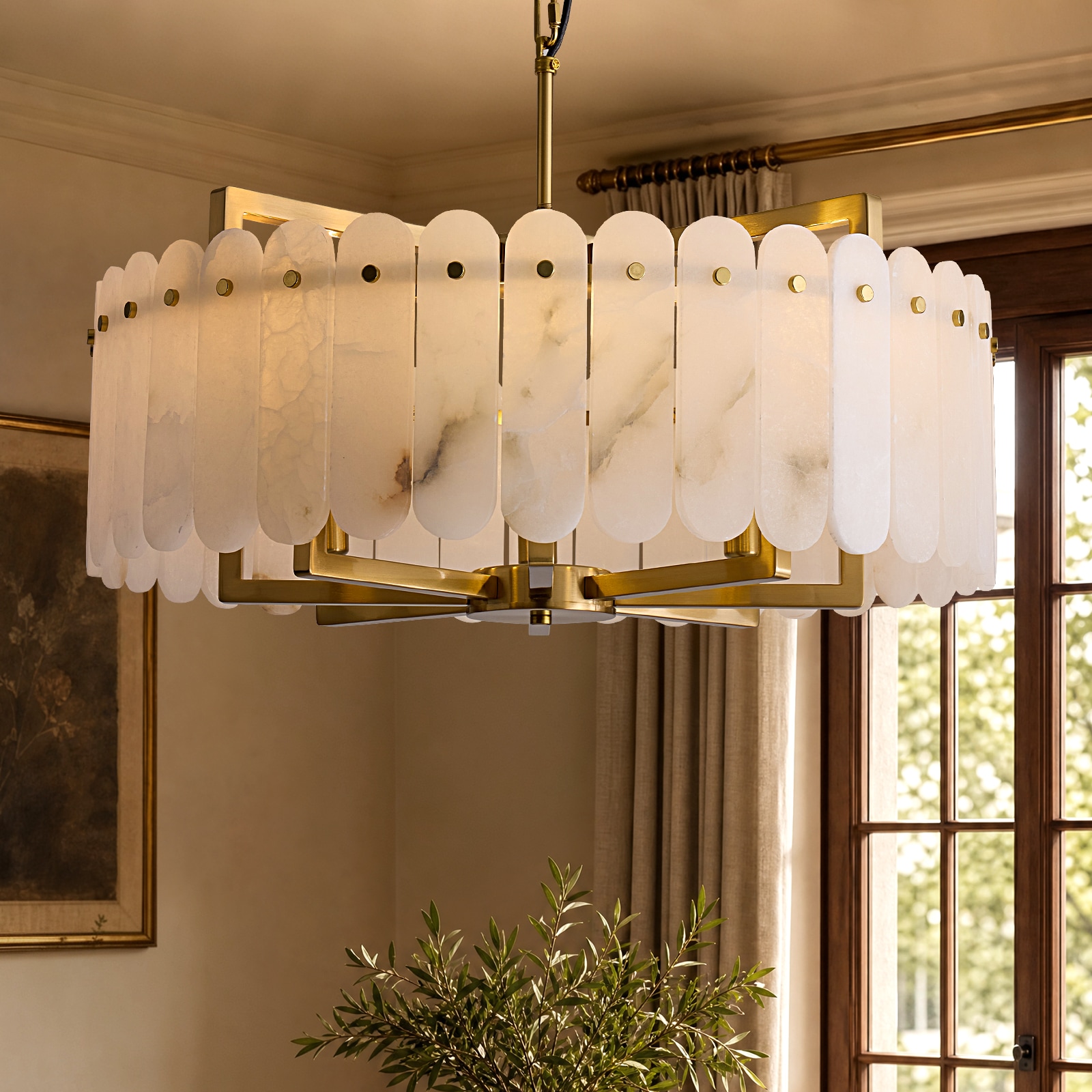 LuminFan 23.6-In Gold Natural Alabaster Chandelier Modern Drum Pendant Light 8 Light E12 Adjustable Height for Bedroom Living Room Dining Room Foyer