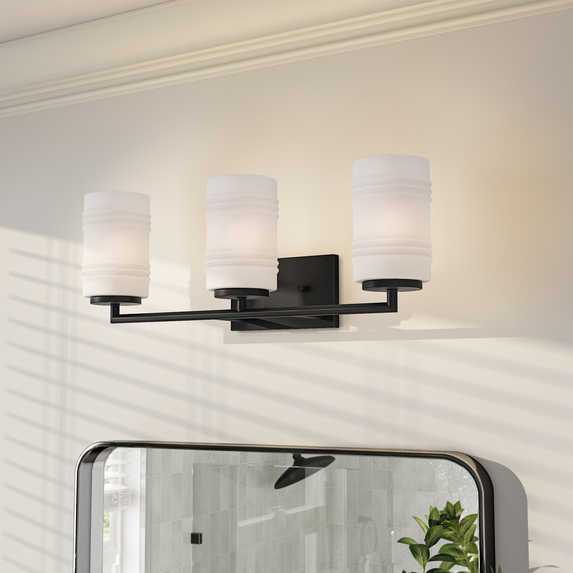Modern Matte Black 3-Light Vanity Bath Light with Etched Opal Glass