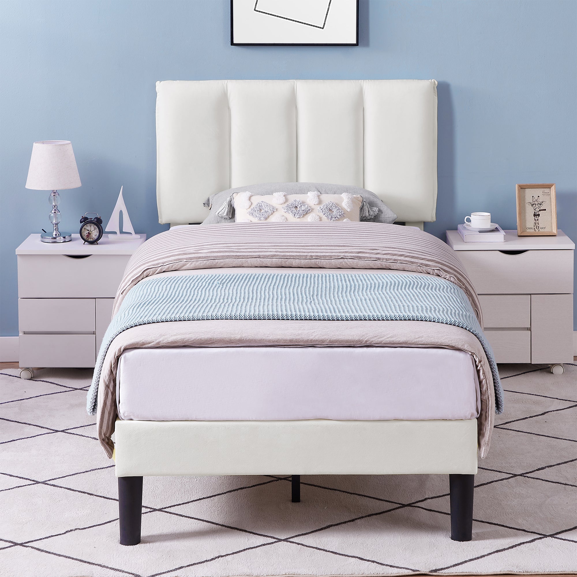 Vecelo LOE-CY-TB04-WHT Twin Bed Frame with Upholstered Adjustable Headboard Heavy Duty Platform Bed Frame with Strong Wooden Slats Support White
