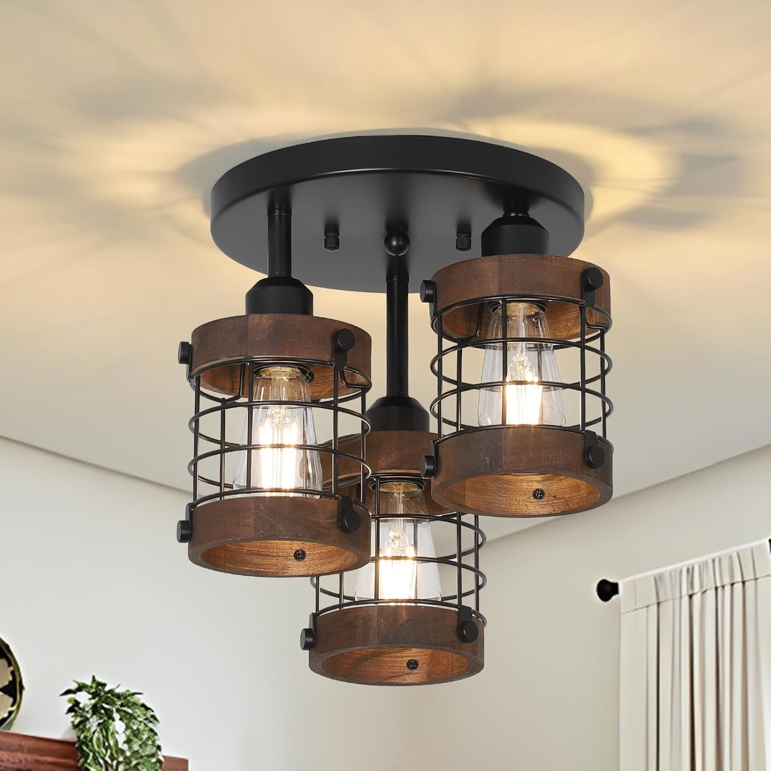 GDFStudio Semi Flush Mount Ceiling Light 3 Light Farmhouse Chandelier Light Fixtures Ceiling Mount Black Brown Cage Design with Wood Decoration