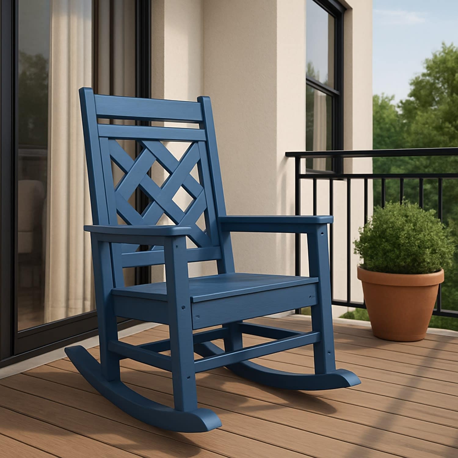 Qeetex LSHQQPPG-339SF6WW Outdoor Rocking Chair  HDPE Plastic Patio Rocker Chair  for Porch Deck Lawn Garde Navy Blue (Grid back panel)