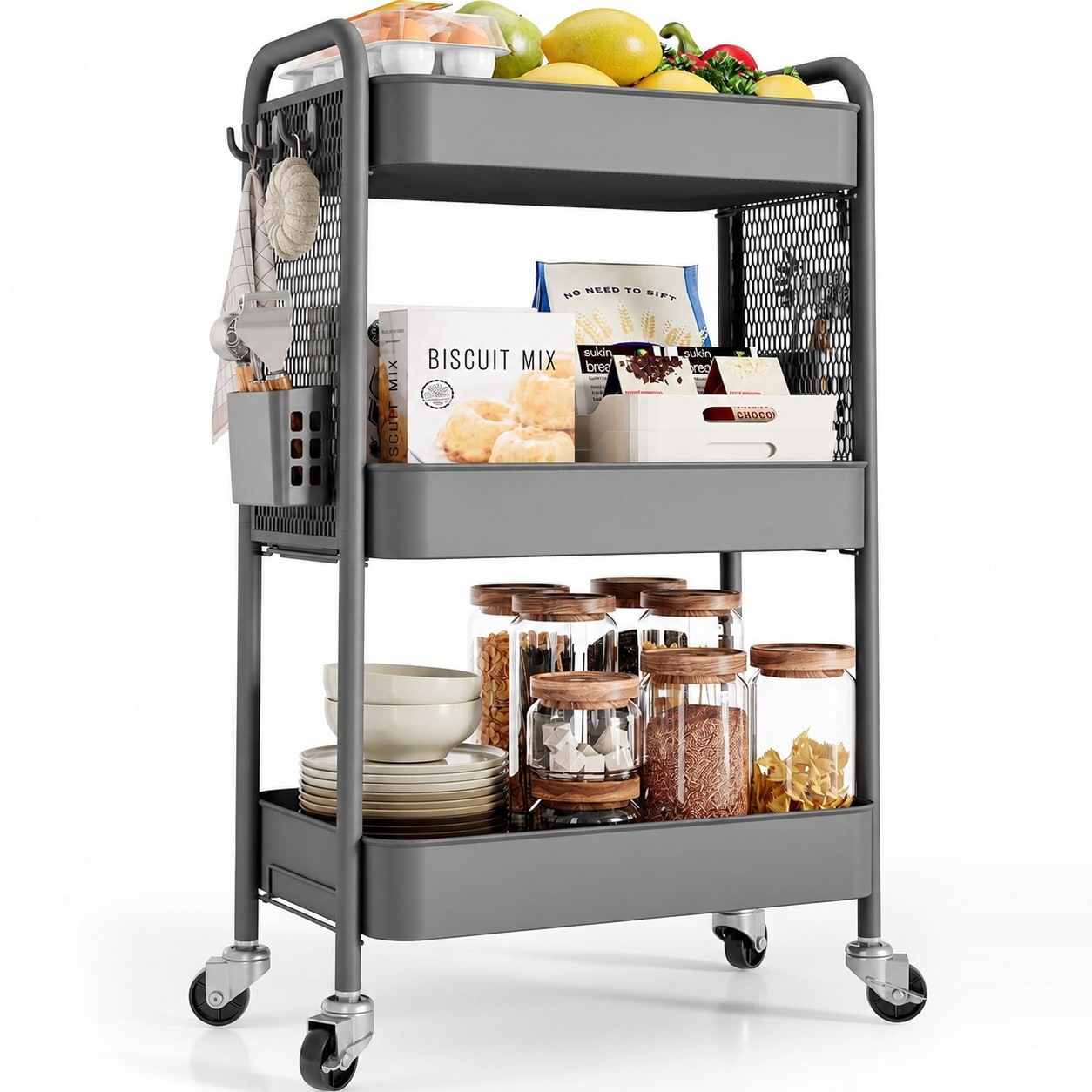 Oyezvary  3 Tier Rolling Cart Storage Organizer Metal Rolling Utility Cart with Wheels Hooks Bins Esthetician Craft Art Sturdy Storage with