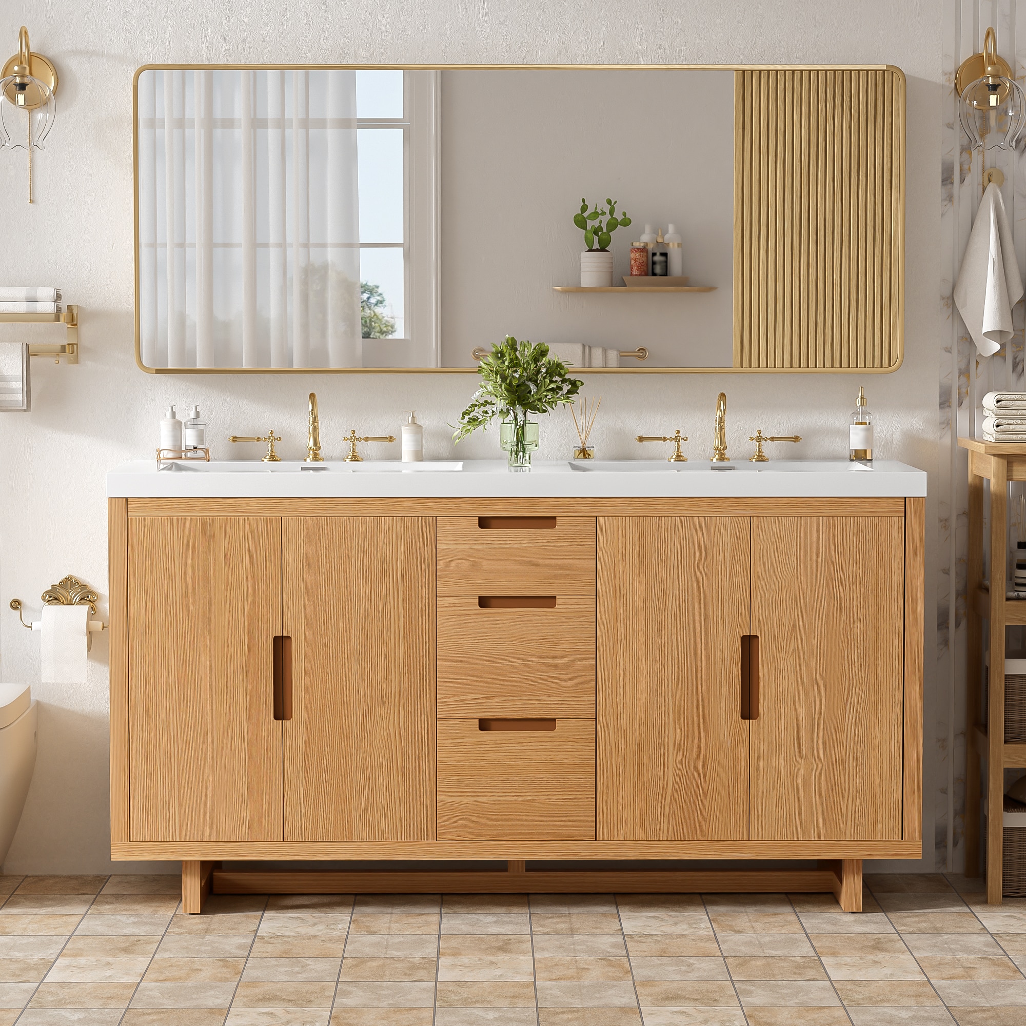 Huluwat Modern Bathroom Vanity with 4 Doors and 3 Drawers Handle-Free Design Soft-Close Hinges Hidden Drawer Slides Resin Sink