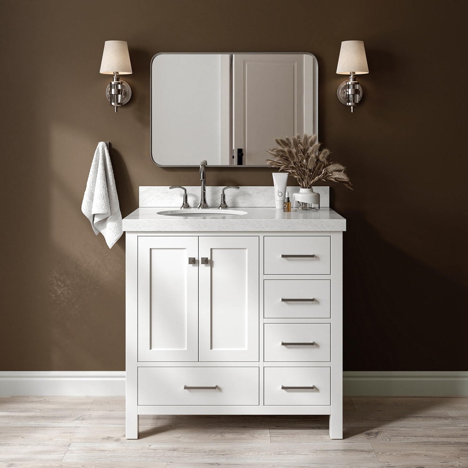 ARIEL - Cambridge 36-in White Undermount Single Sink Bathroom Vanity with 2" Carrara White Marble...