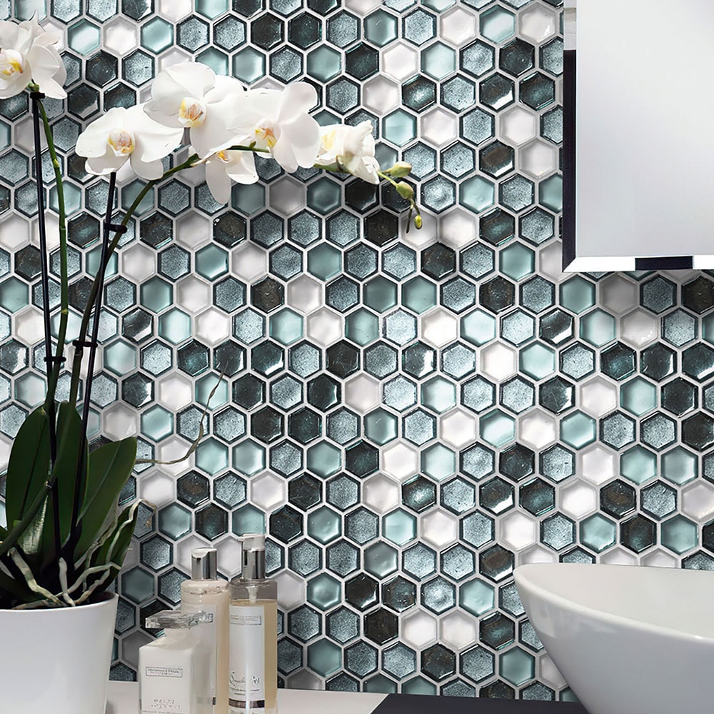 11" x 12" Blue and White Glass Hexagon Mosaic Tile