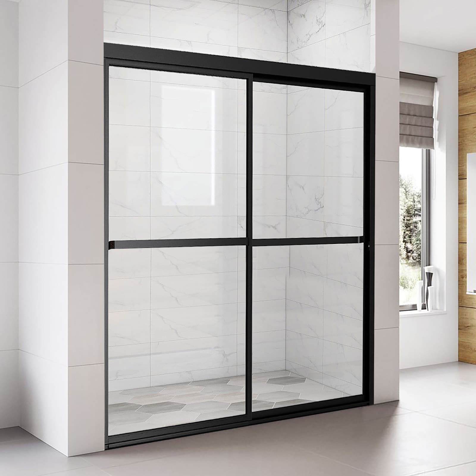 WELLFOR KAFSD59MB Track Sliding Shower Door Tub Door Matte black 56-in W x 56-Inches H Semi-frameless Sliding Bathtub door 1/8-in Thick Clear Glass