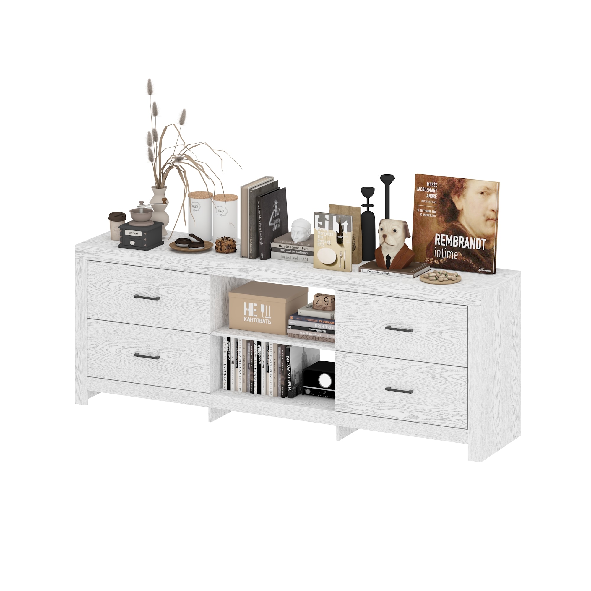  V-KF200257-01 TV Stand with 4 Drawers 2 Tier Open Shelves Media Console Table with Black Handles