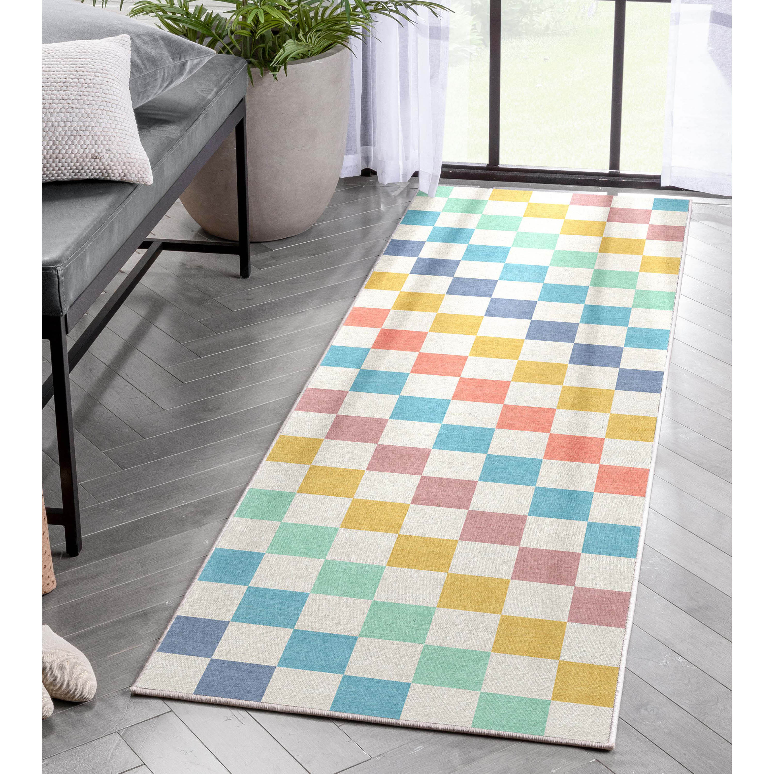 Well Woven W-SQR-01M-2 Apollo 2 x 8 (ft) Loomed Polyester Multi Rainbow Rectangular Indoor Geometric Mid-Century Modern Runner rug