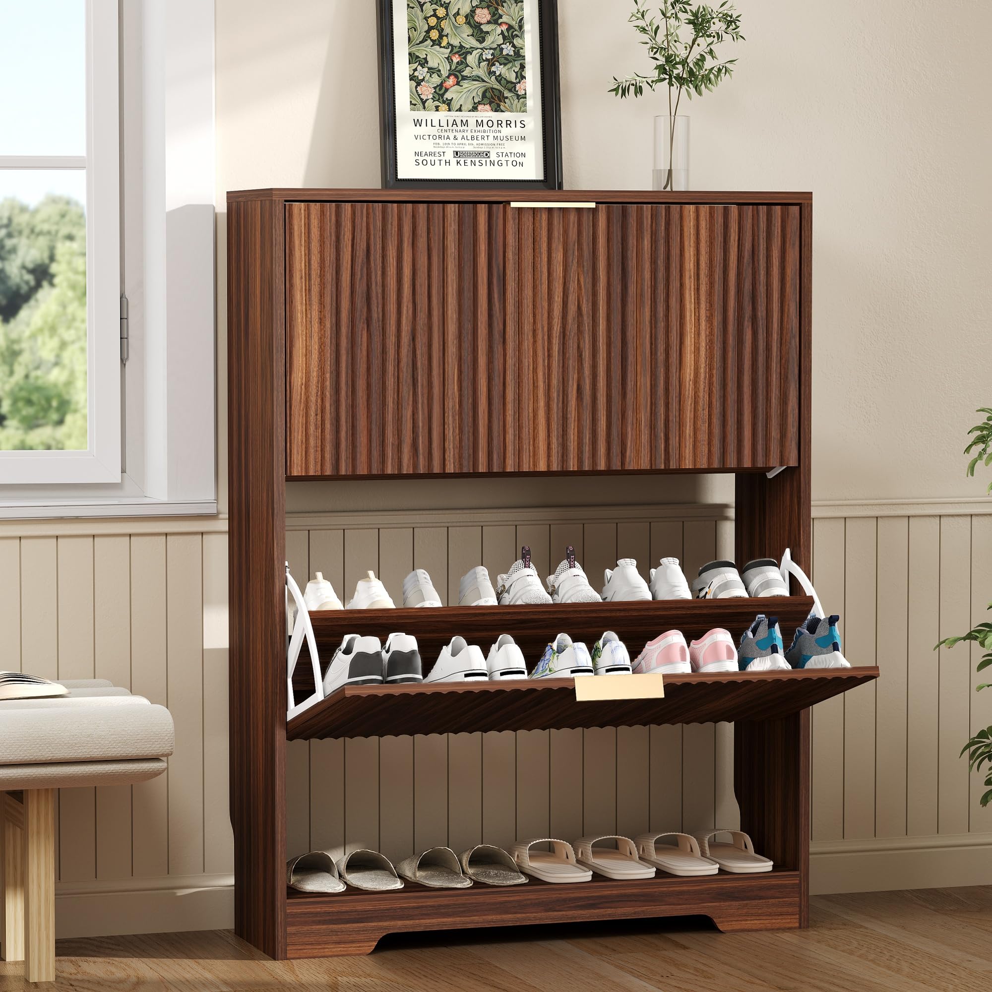 GarveeLife 39.96-in H 3 Tier 24 pair Walnut Flip Down Shoe Cabinet