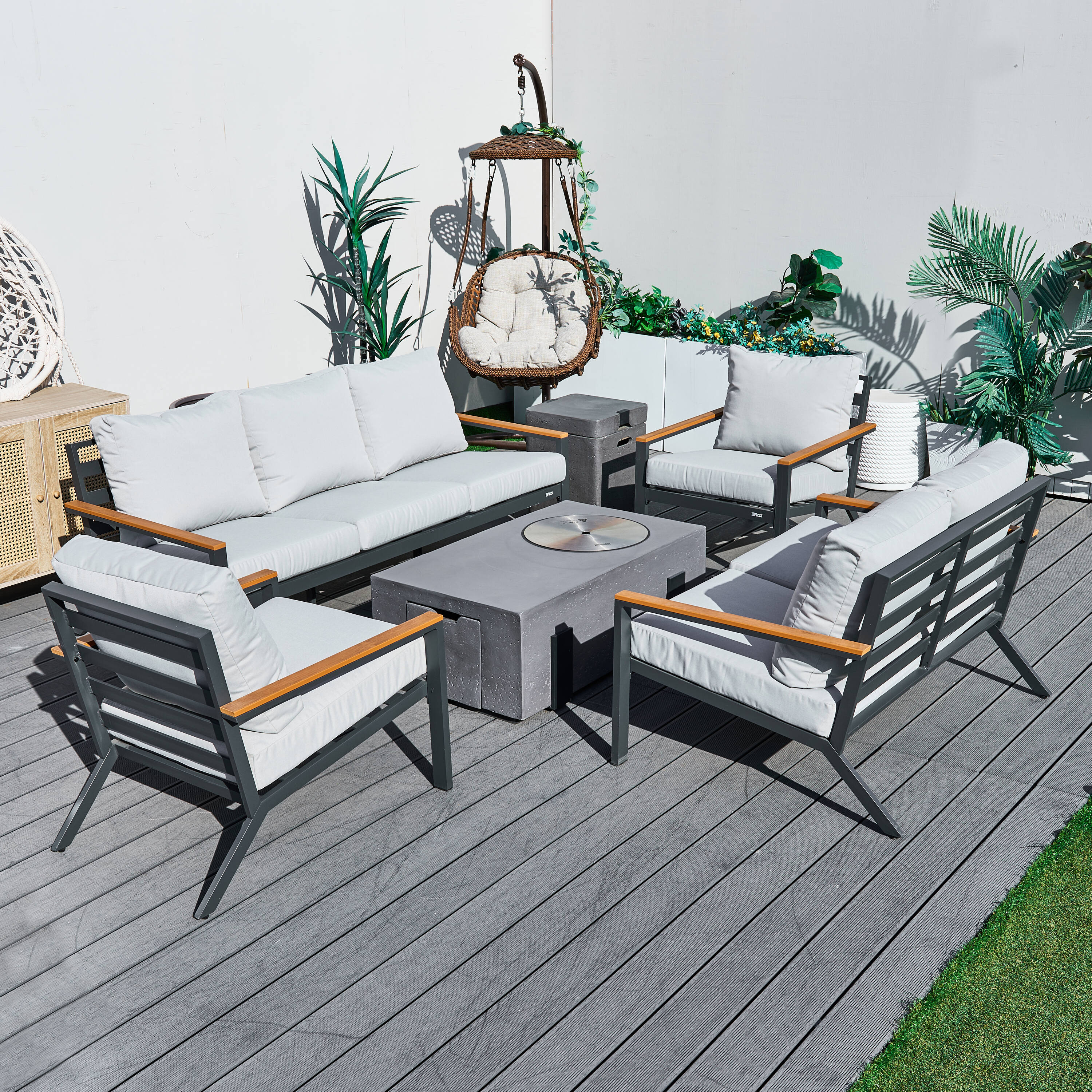Direct Wicker DWS-2481TSCLS&2355G 6 -Piece 4 Patio Sofa Conversation Set with Gray Cushions