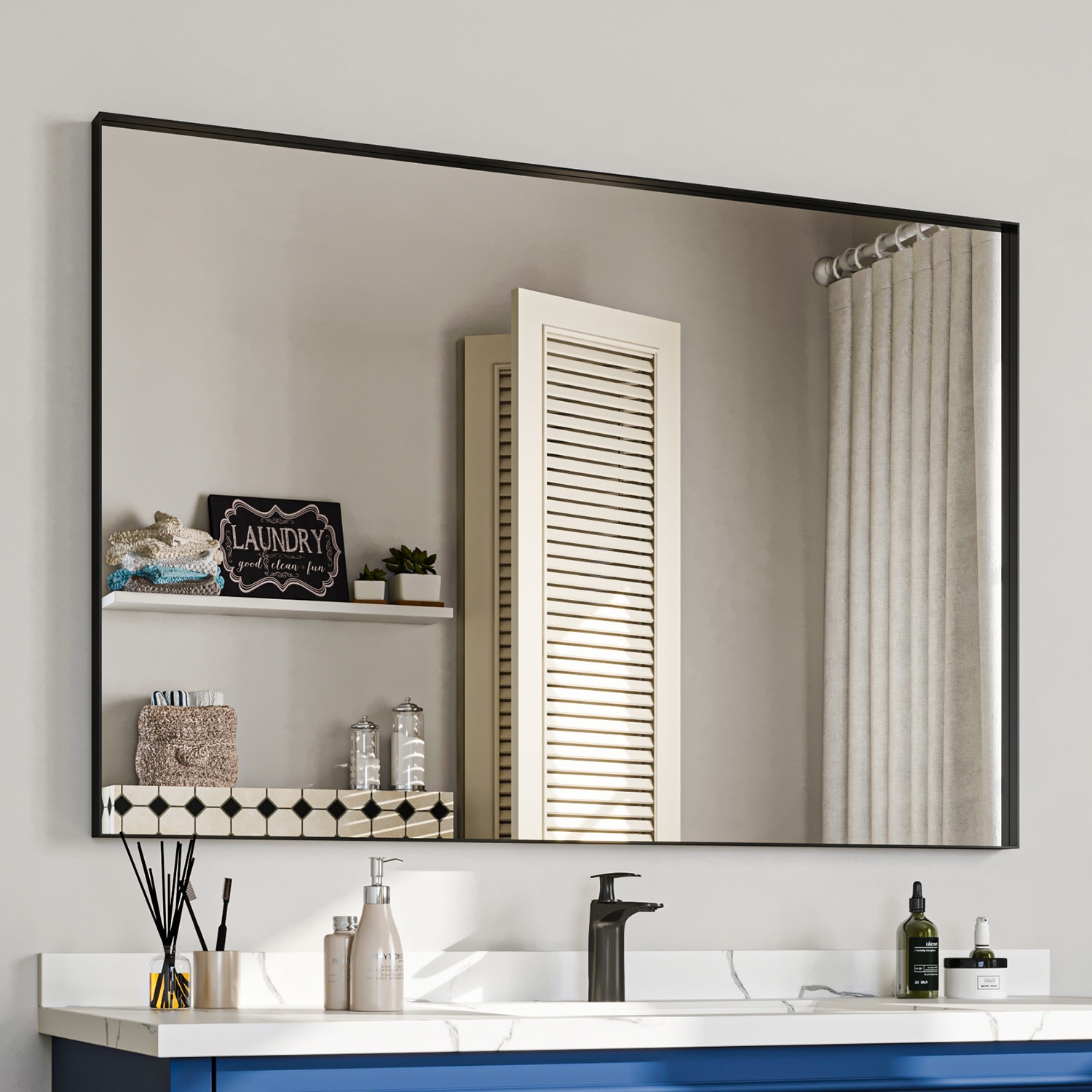 waterpar WPLO-2442 48-in x 32-in Framed Rectangle Bathroom Vanity Mirror ( Matte Black )