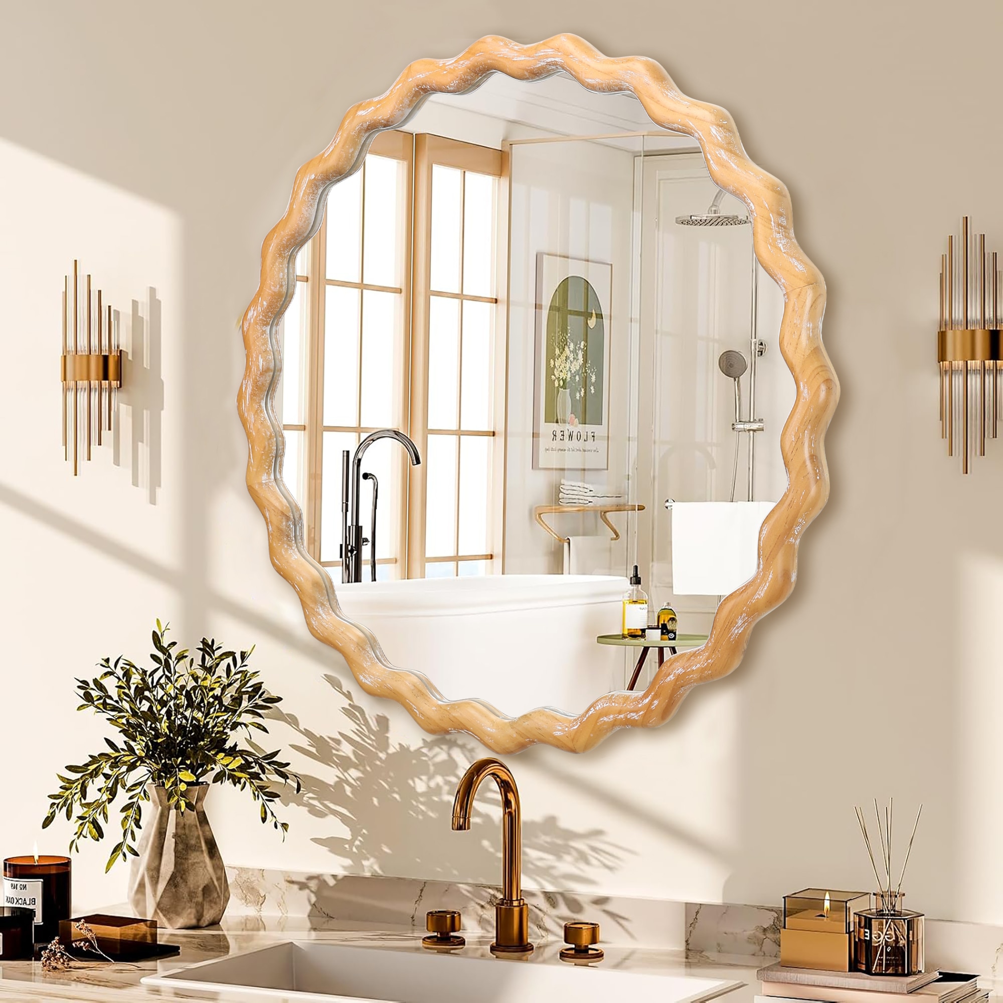 Huluwat 27 1/2 inches Round wavy Wall Mirror for Bathroom Vanity Wooden Farmhouse Circle Mirrors for Bedroom Entryway Living Room Kithen Whitewash Edge Decorative Mirror for Home Office