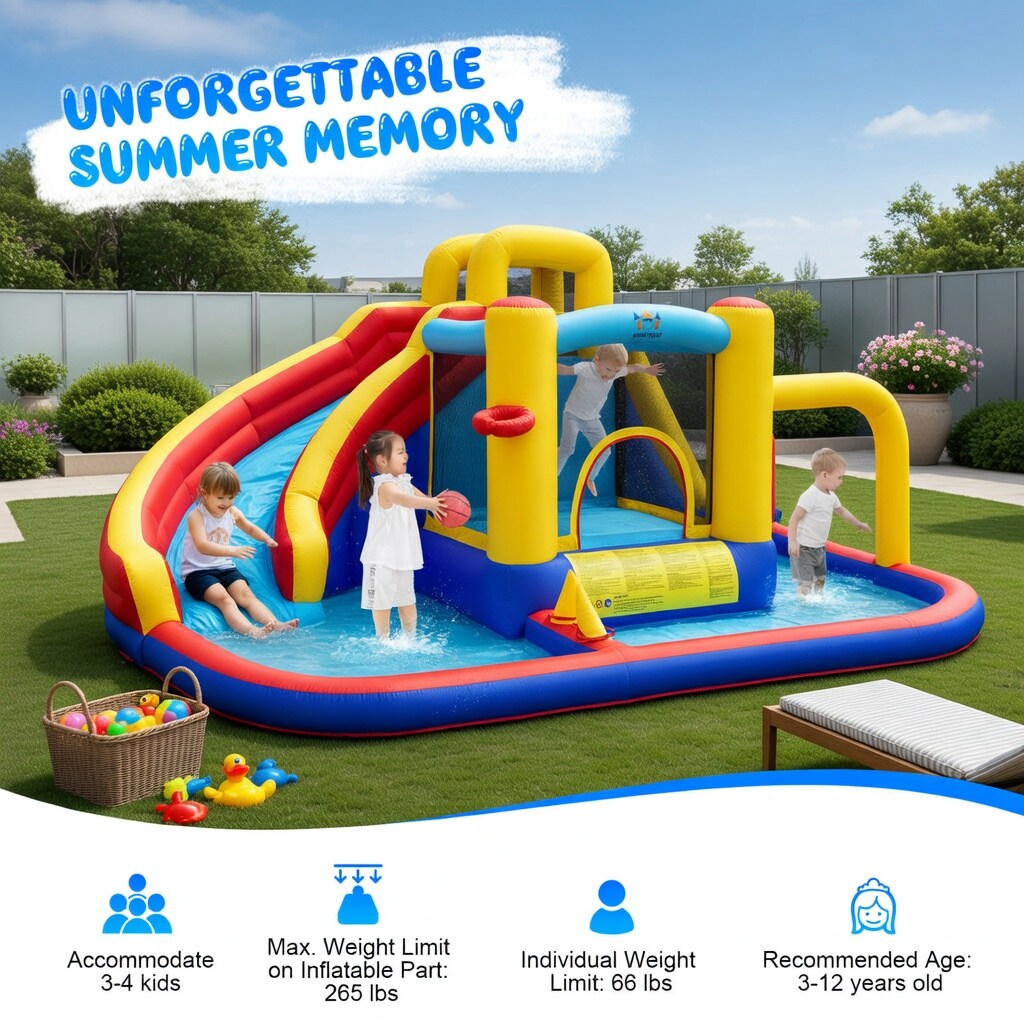 VERYKE 7 in 1 Inflatable Water Slide for Kids with 735W Air Blower Splash Pool Climbing Wall and Bouncer Outdoor Summer Play Set for Ages 3 12