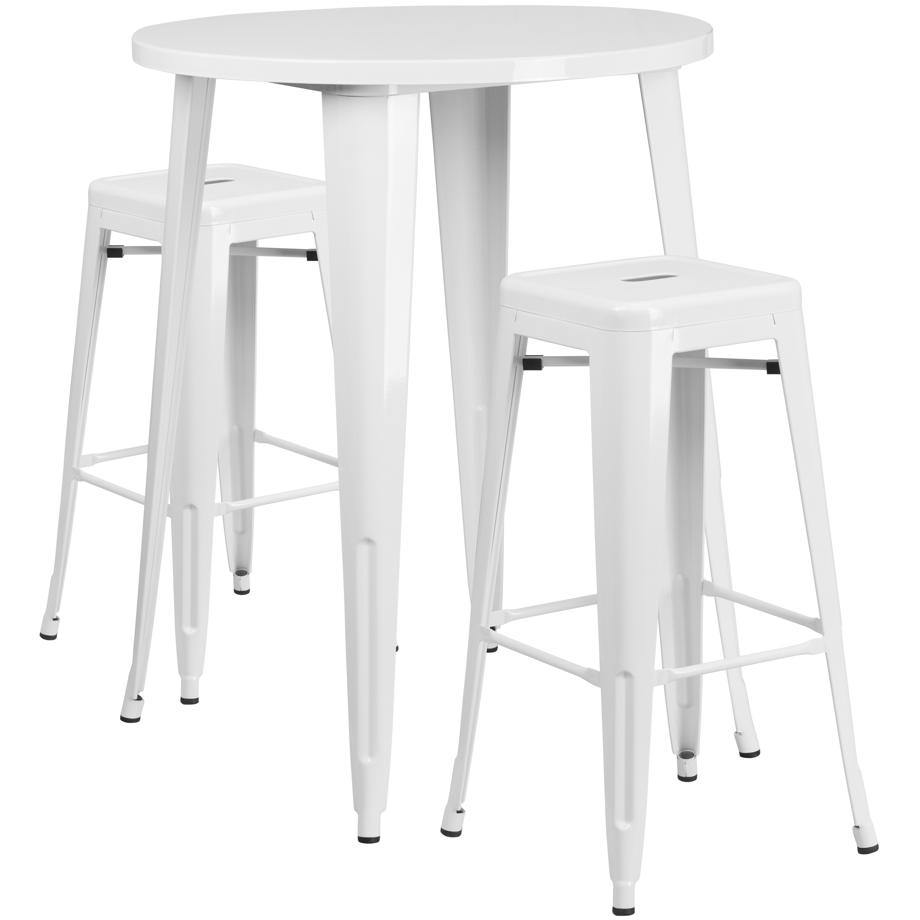 Flash Furniture 889142082996 Boyd Commercial Grade 30-in Round White Metal Indoor-Outdoor Bar Table Set with 2 Square Seat Backless Stools