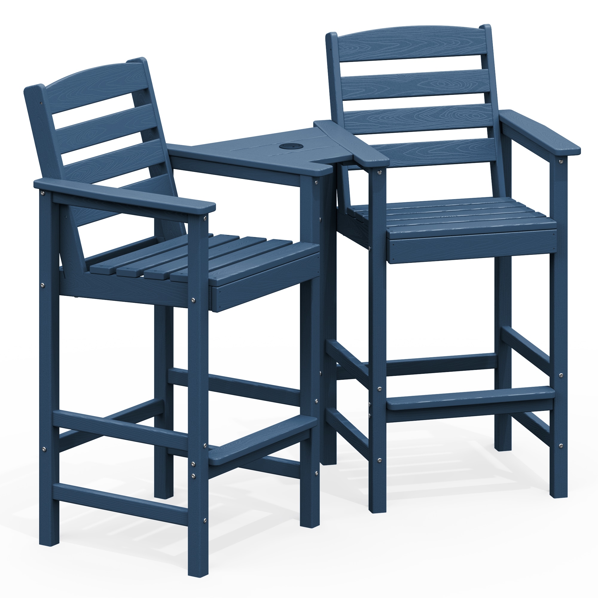 JEAREY GYCY-AG Tall Bar Chairs Set for Two with Detachable Connecting Tray Set of 2 Navy HDPE Frame Stationary Adirondack Chair with Slat Seat