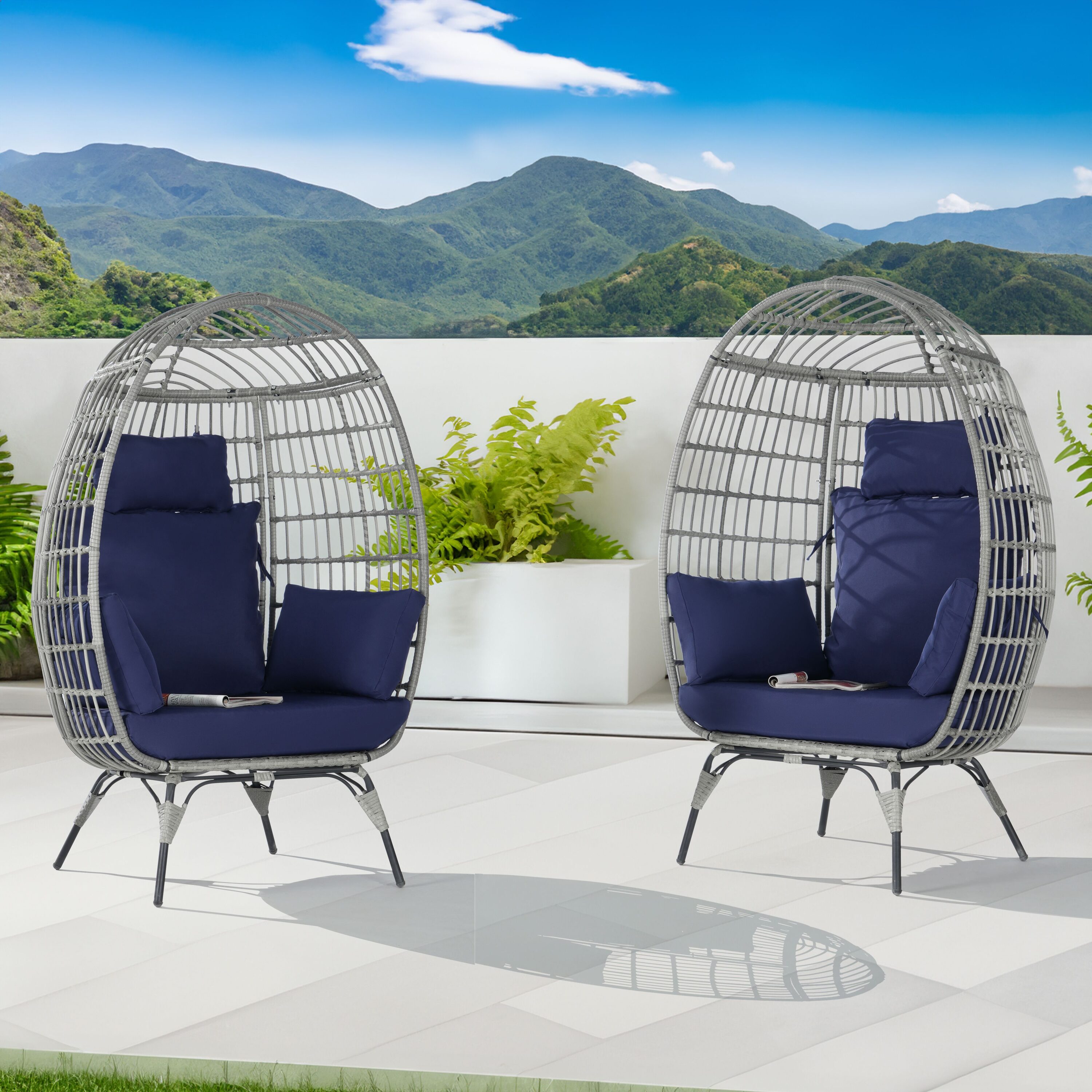 SANSTAR L-JDC65NY-AA Patio Chairs Set of 2 Wicker Gray Metal Frame Stationary Egg Chair with Navy 220gsm Polyester Cushioned Seat