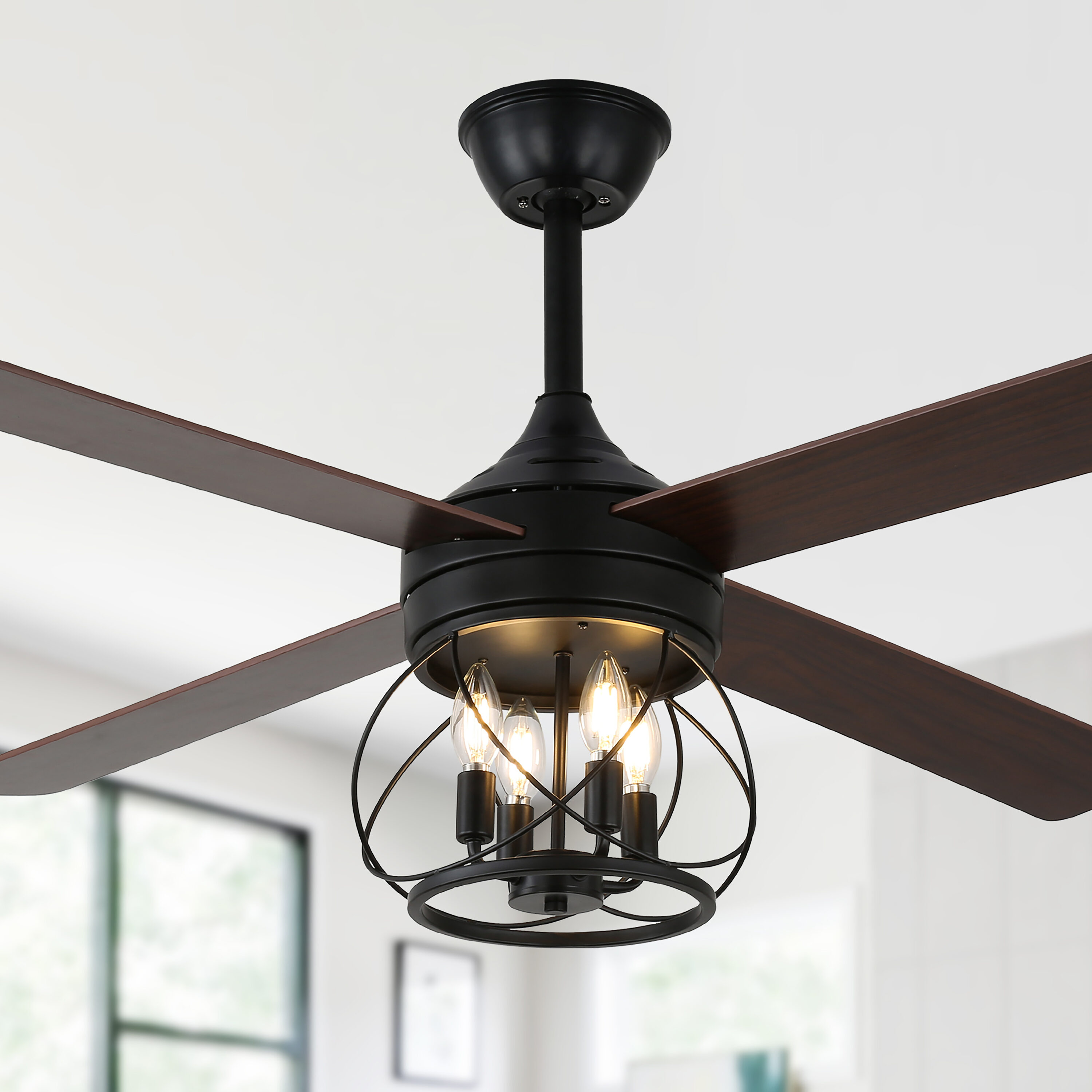 Cusp Barn CS89FC62XLMD Farmrons 52-in Black with Black/Walnut Blades Chandelier Ceiling Fan Without Light 4 -Blade )