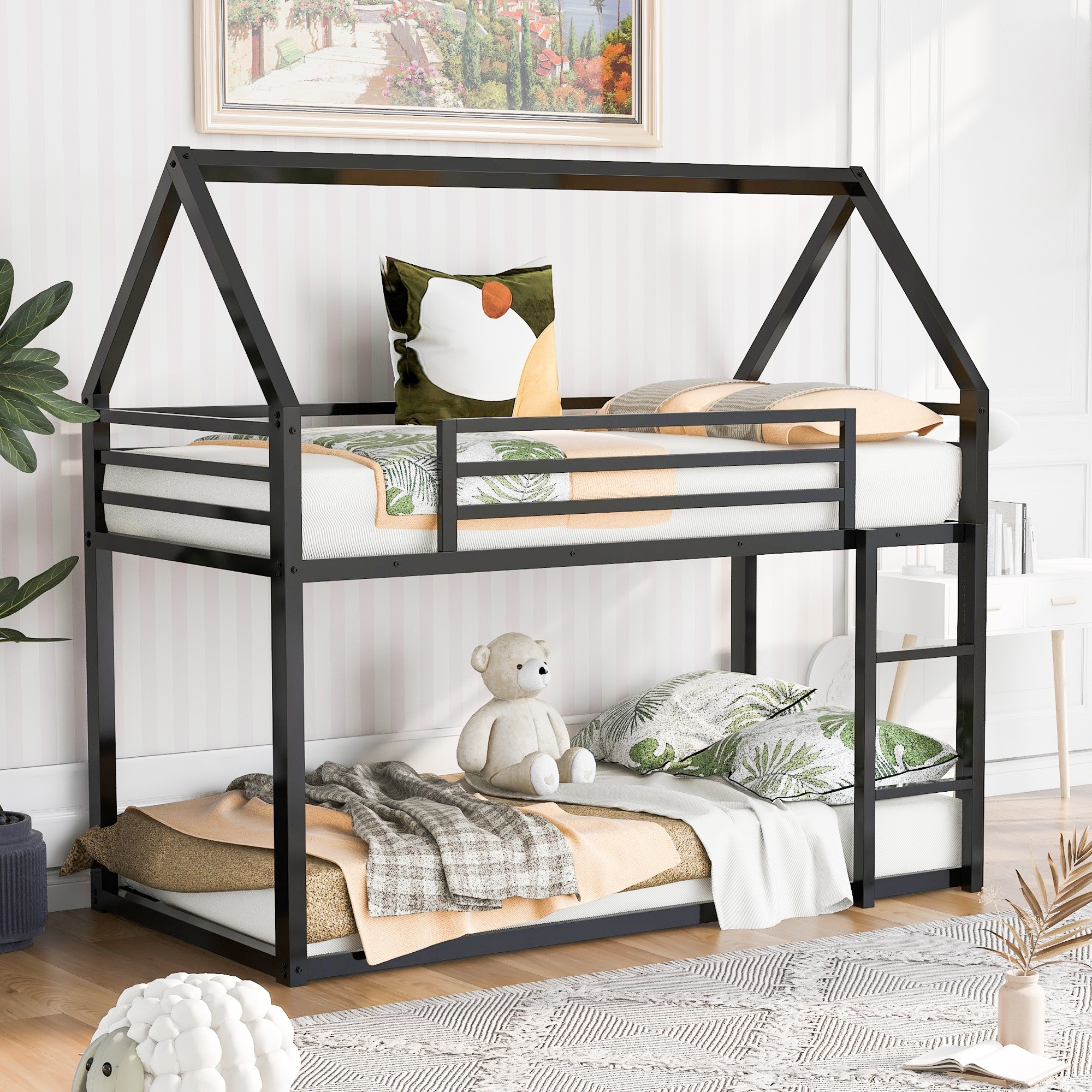 Horizons Prime Twin over Twin Black Metal House Bunk Bed with Built-in Ladder and High Guardrails #LJW109248