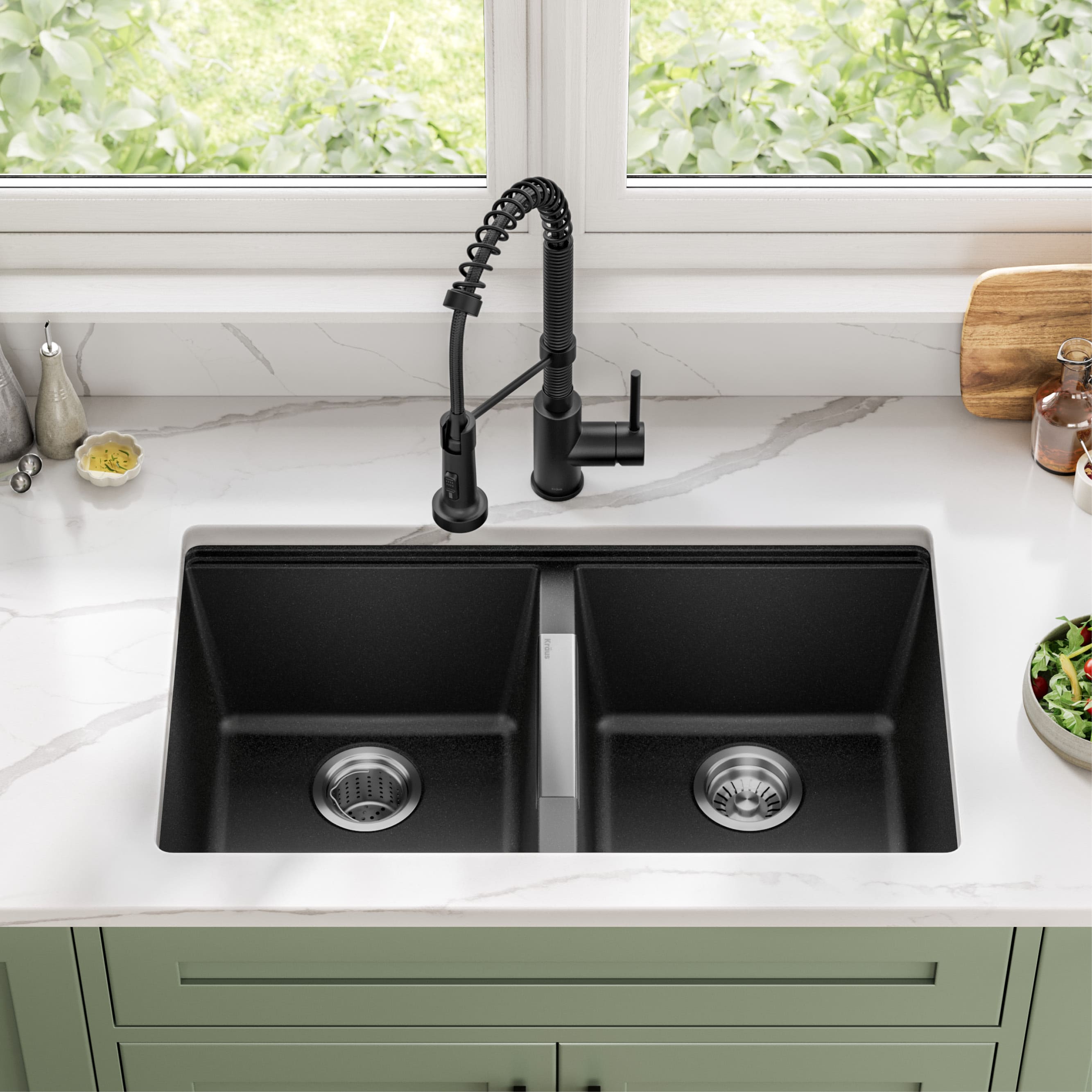 KRAUS 33 inch L Undermount 50/50 Double Bowl Black Onyx Granite Kitchen Sink