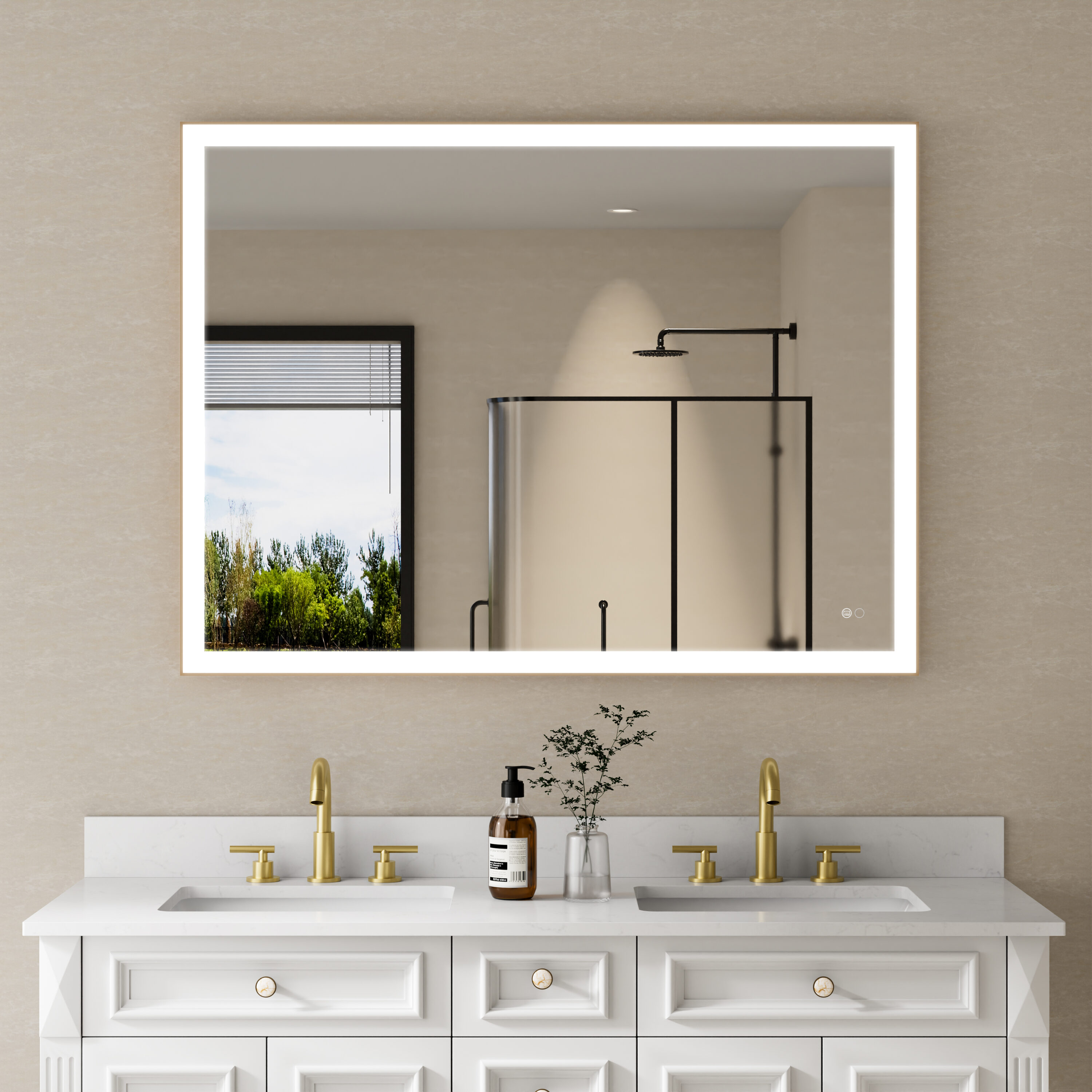 WELLFOR W5FM4836GD RECA Framed LED Mirror 48-in x 36-in Framed Rectangle Dimmable LED Lighted Fog Free Bathroom Vanity Mirror ( Gold )