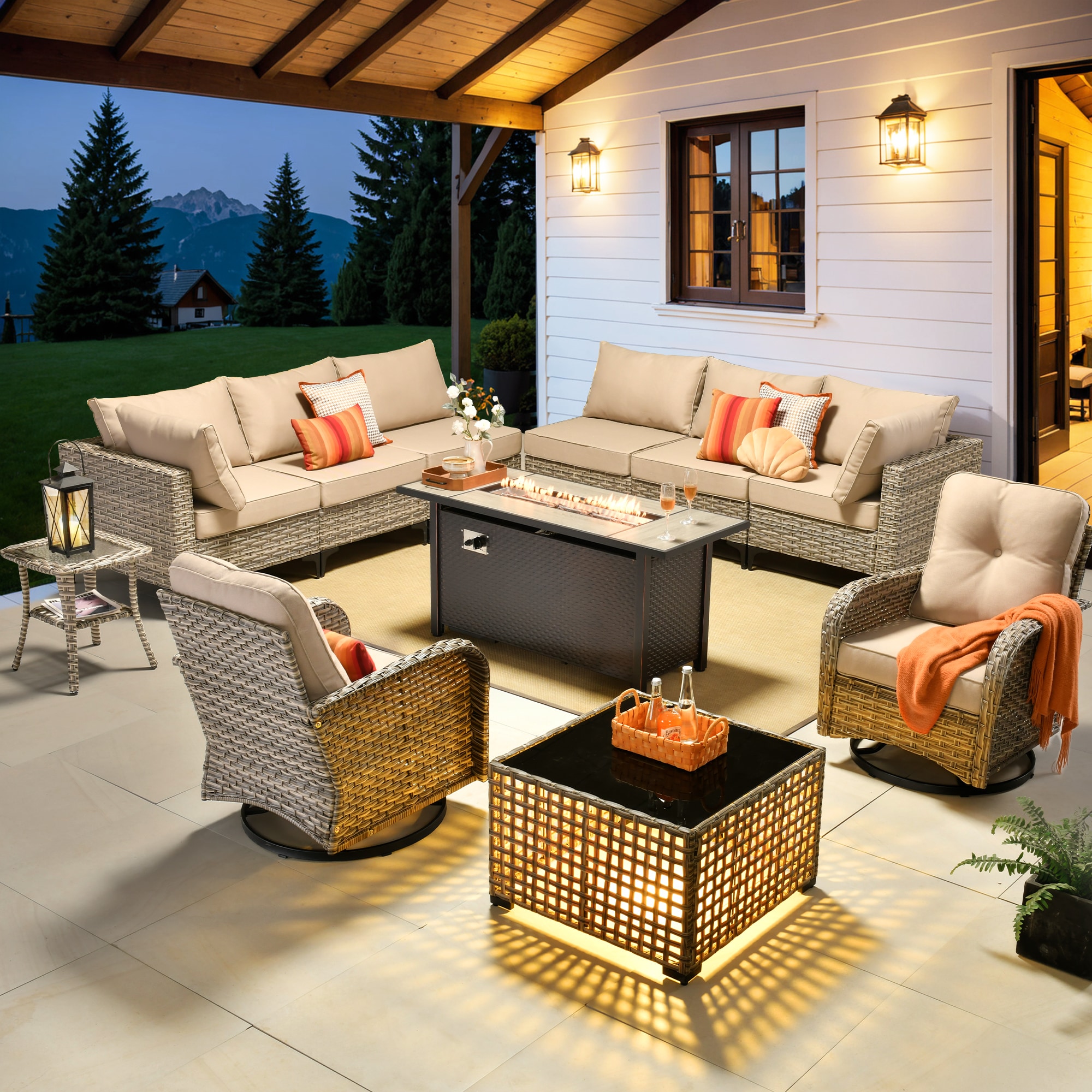Ovios RFP5SK600YV 11 -Piece Wicker Patio Conversation Set with Beige Cushions