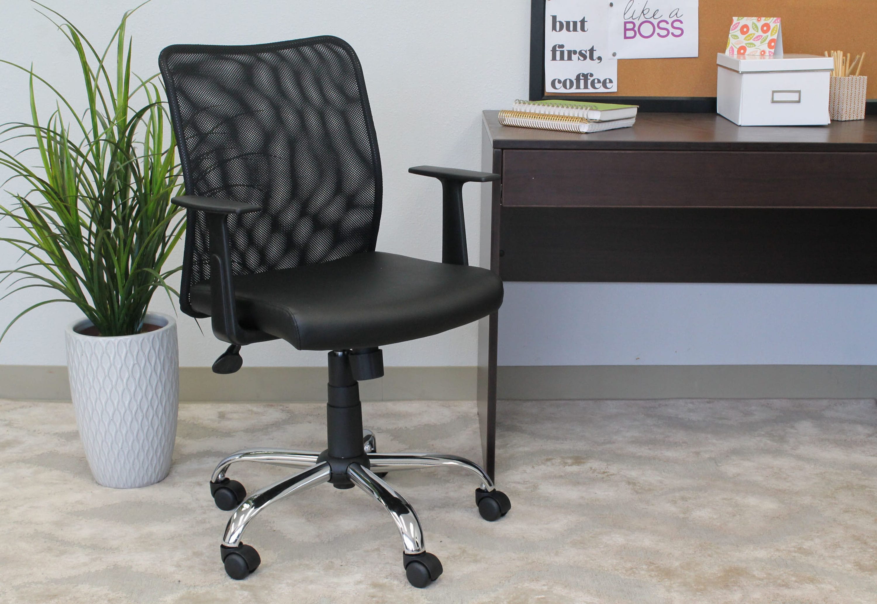Black Mesh and Vinyl Swivel Task Chair with Chrome Base