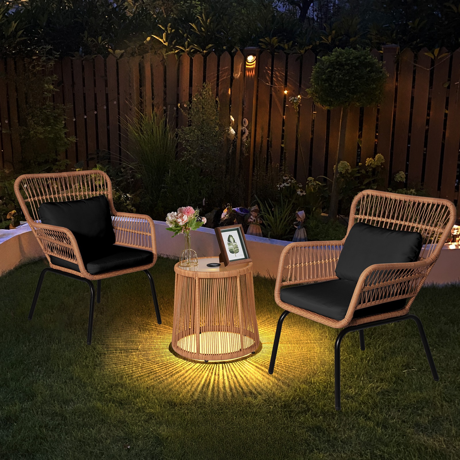 Grearden LS-ZHNF2109-RD Conversation Set 3 -Piece Rattan Patio Conversation Set with Black Cushions