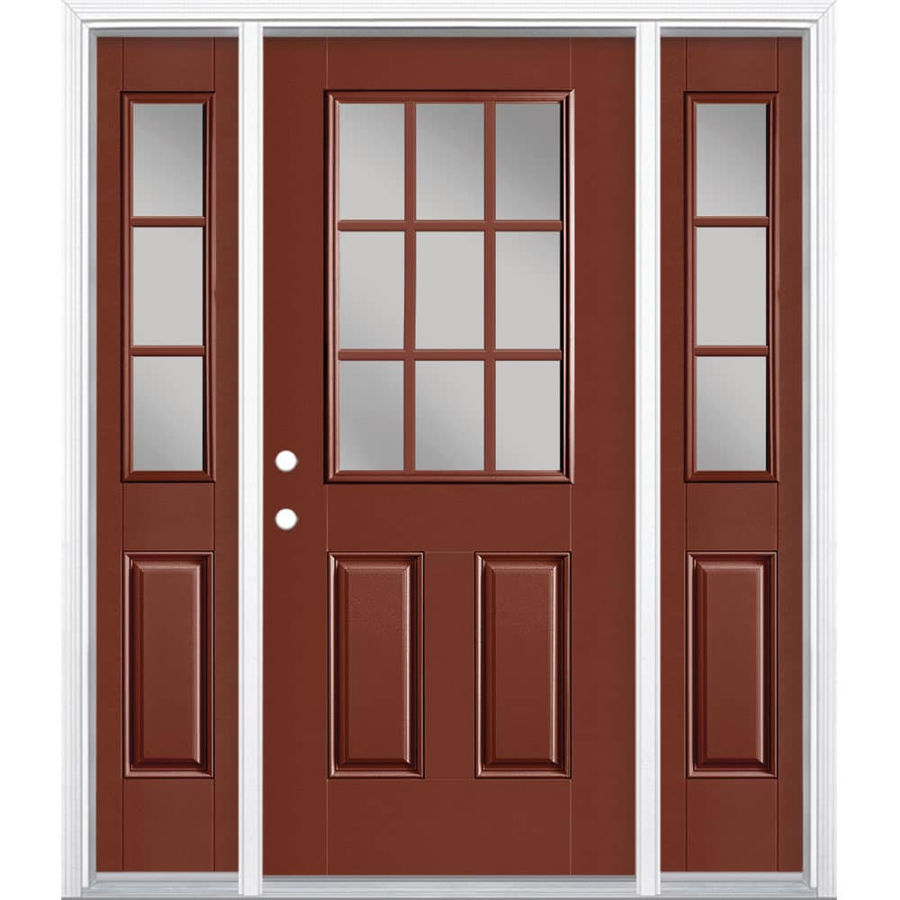 Masonite 1218794 60-in x 80-in x 4-9/16-in Fiberglass Half lite Right-hand inswing Fox tail Painted Prehung Front Door with Sidelights with Brickmould Insulating core with Grilles