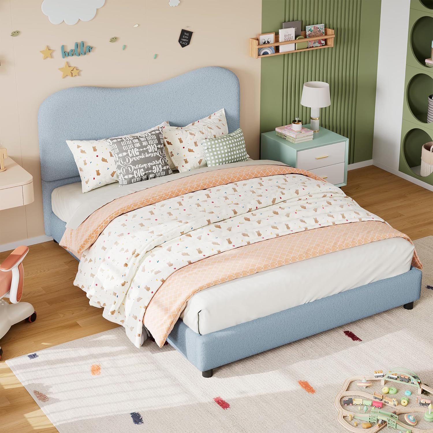 Qeetex LHF-BED-PHK-33JNHUW8 Full Bed Frame for Kids with Velvet Upholstered Headboard Cute Low Profile Platform Bed for Girls and Boys No Box Spring Needed Strong Wooden Slats Noise Free Easy Assembly Blue