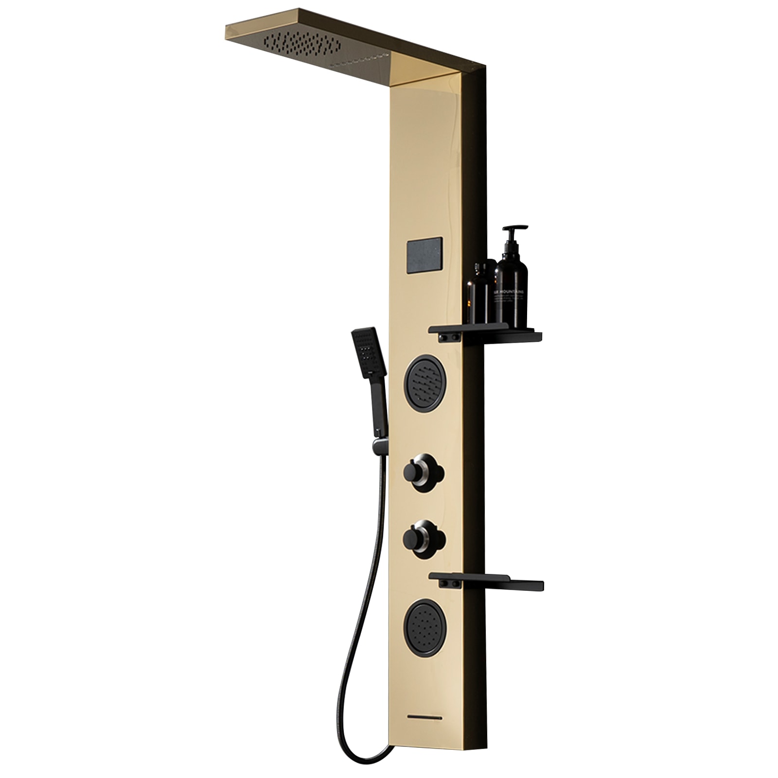BWE YTP22-BGK Onyx SPA All-in-One Black and Gold 9-in Waterfall Dual Head Shower Tower System with 4-way Diverter ( Ceramic Disc Valve Included )
